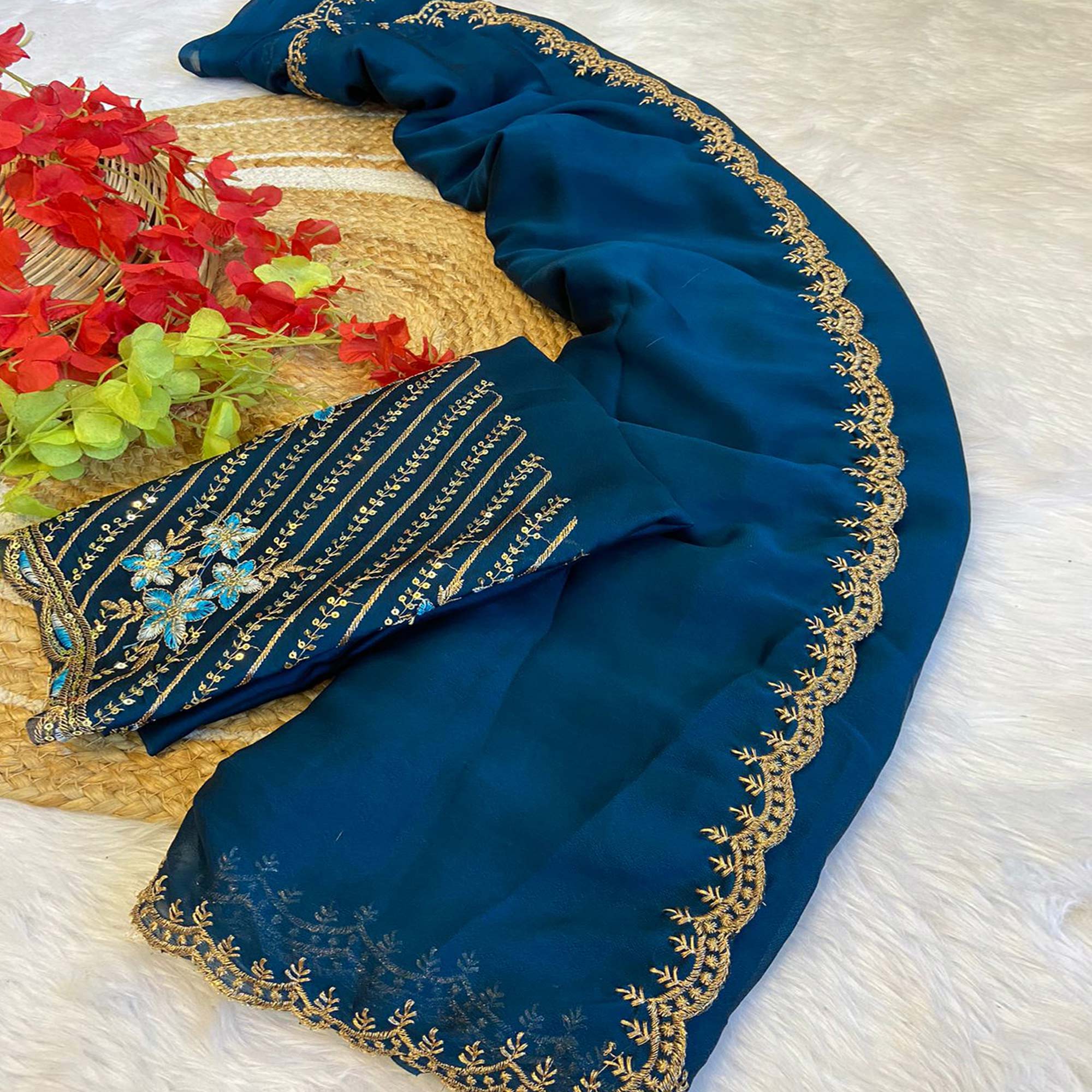 Morpich Blue Zari Embroidered Organza Saree