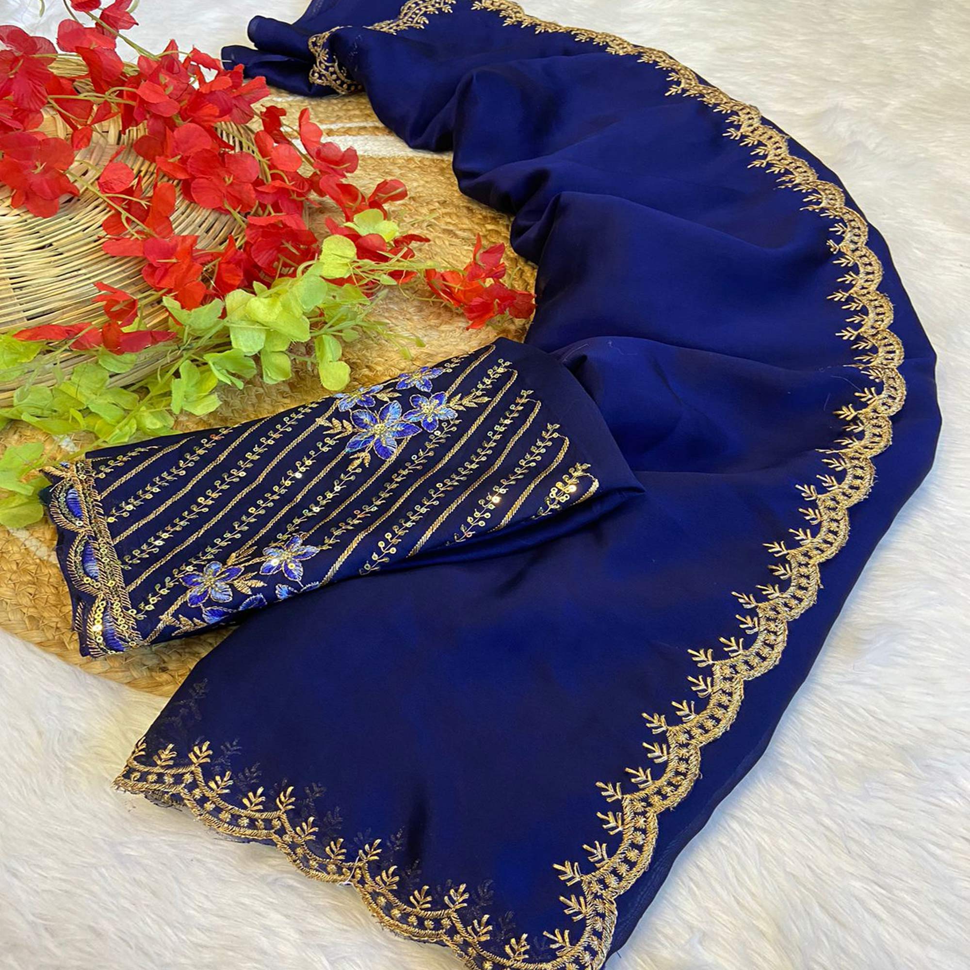 Navy Blue Zari Embroidered Organza Saree