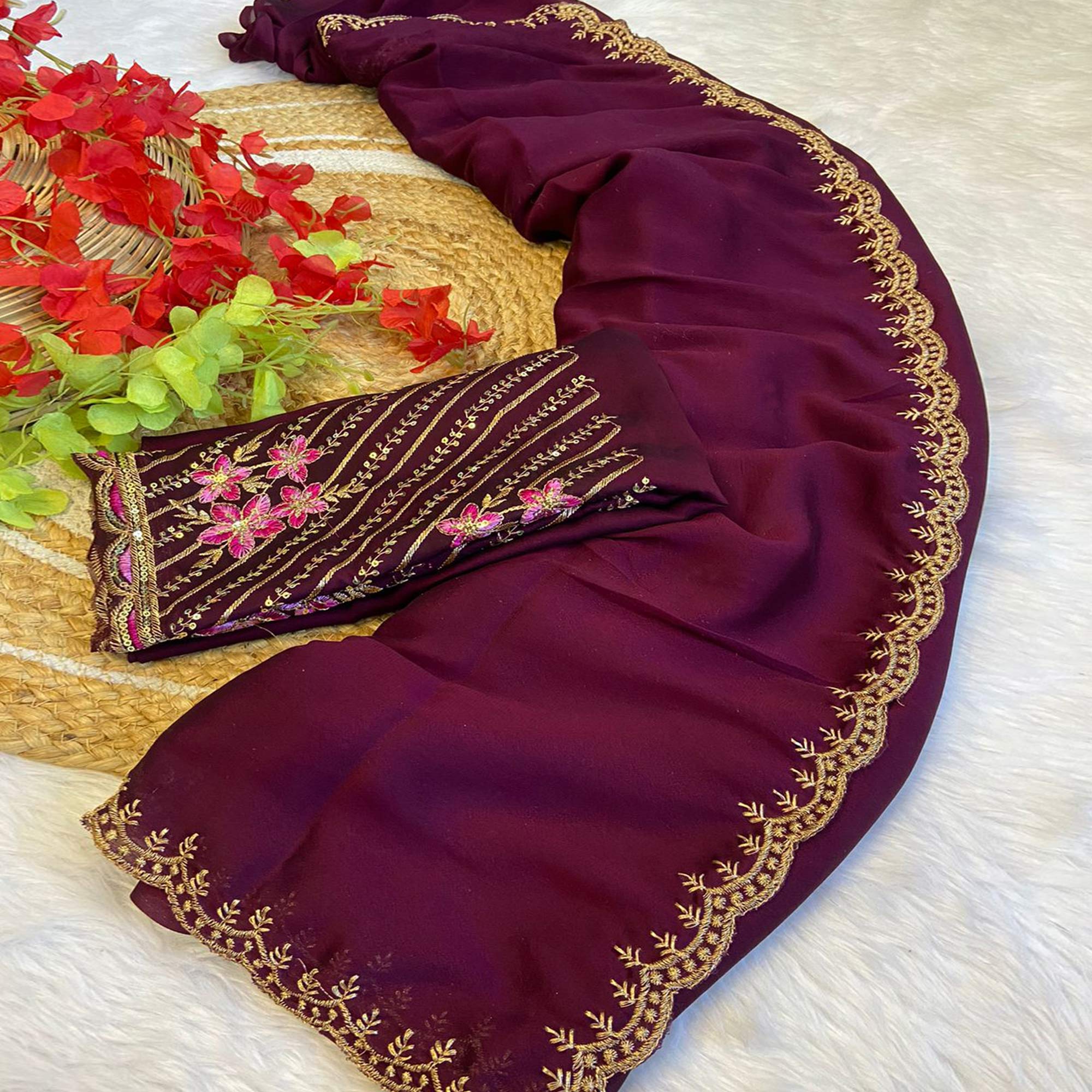 Wine Zari Embroidered Organza Saree