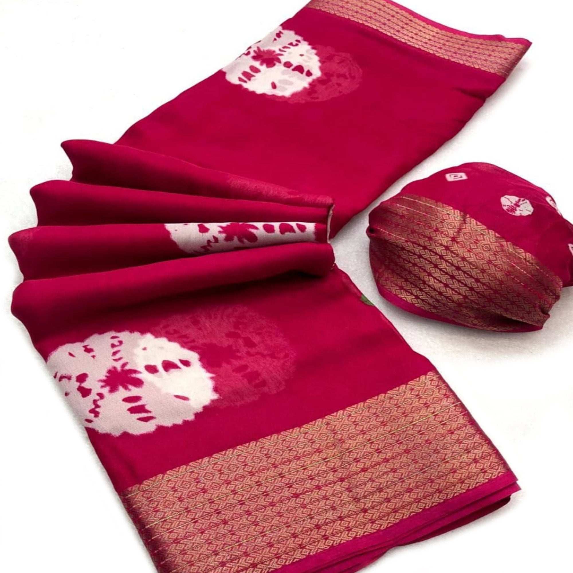 Pink Batik Printed Moss Georgette Saree With Zari Border