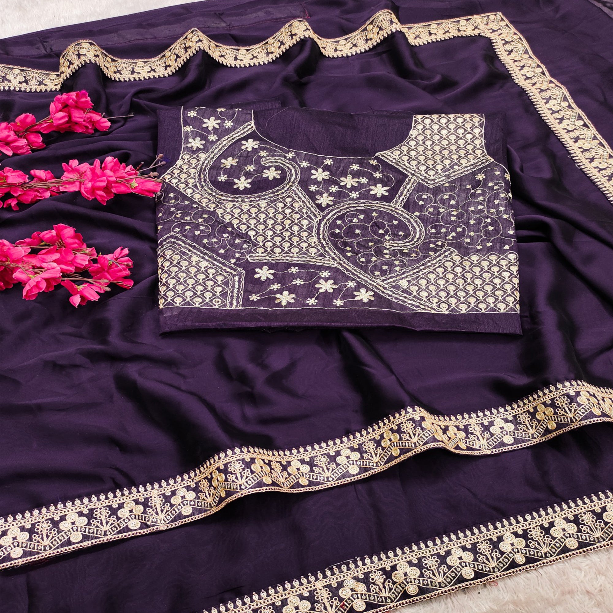 Elegant Purple Rangoli Silk Organza Saree Featuring Zari Cording Embroidery With Sequins Border