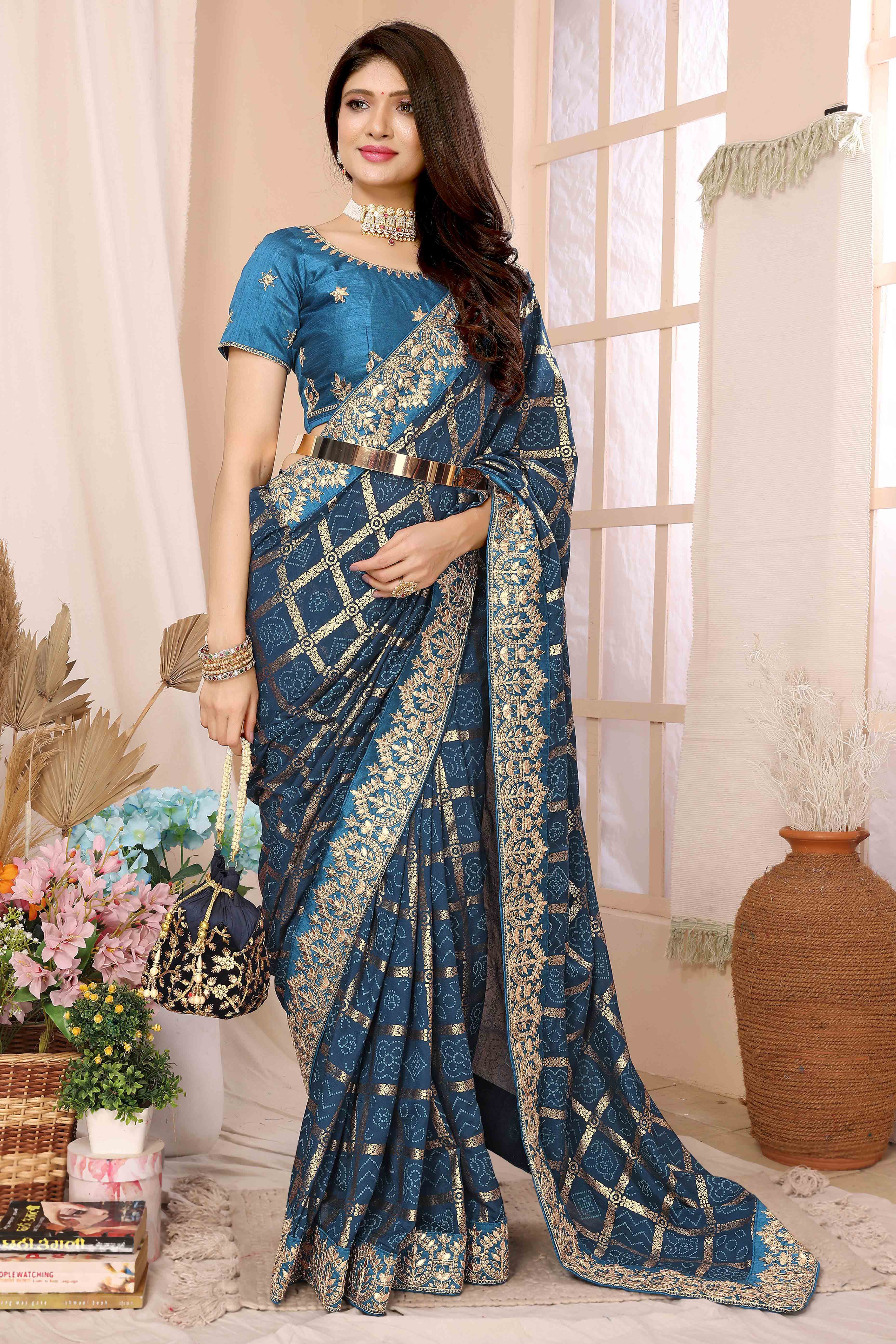 Blue Bandhani Printed Vichitra Silk Saree With Embroidered Border