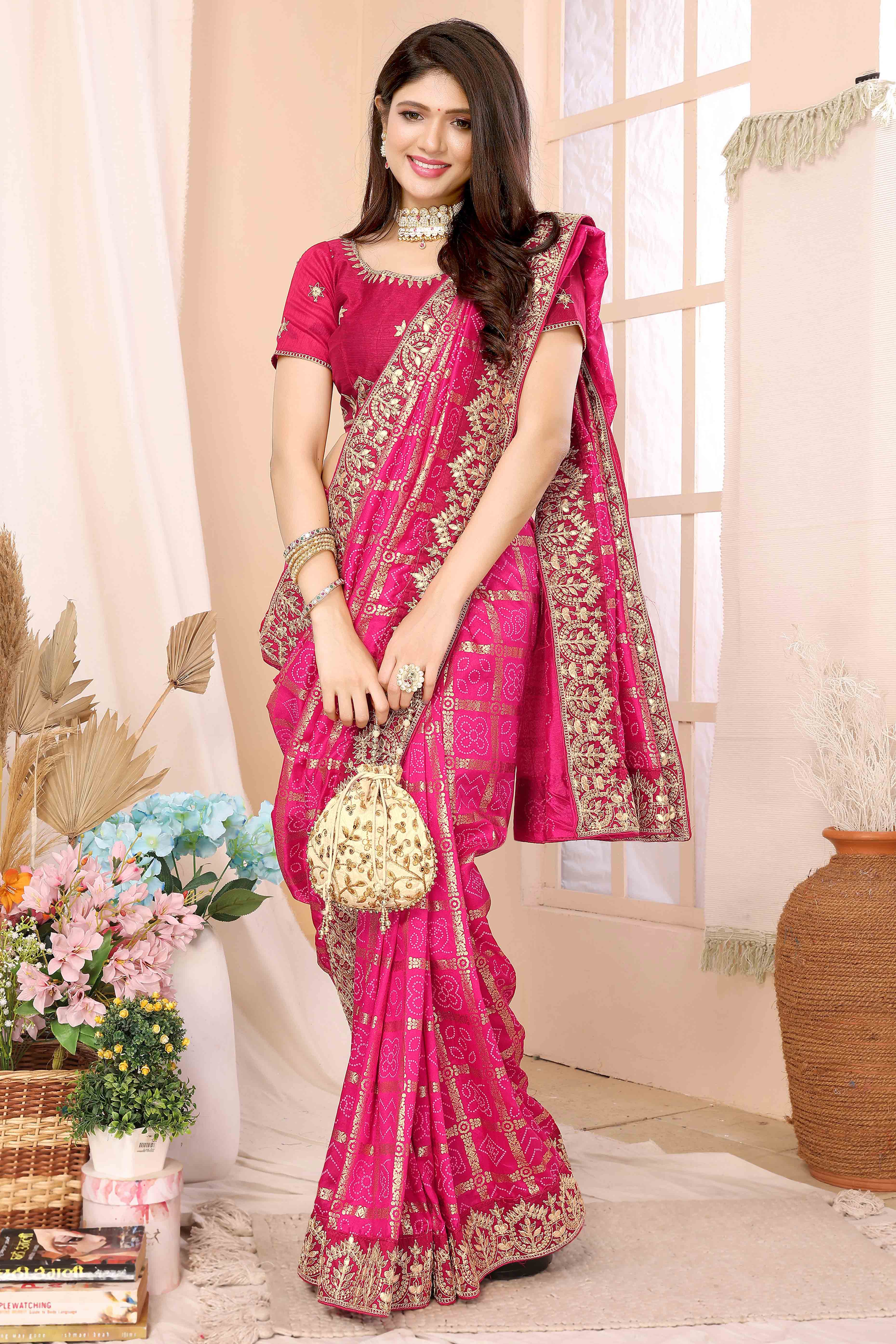 Pink Bandhani Printed Vichitra Silk Saree With Embroidered Border