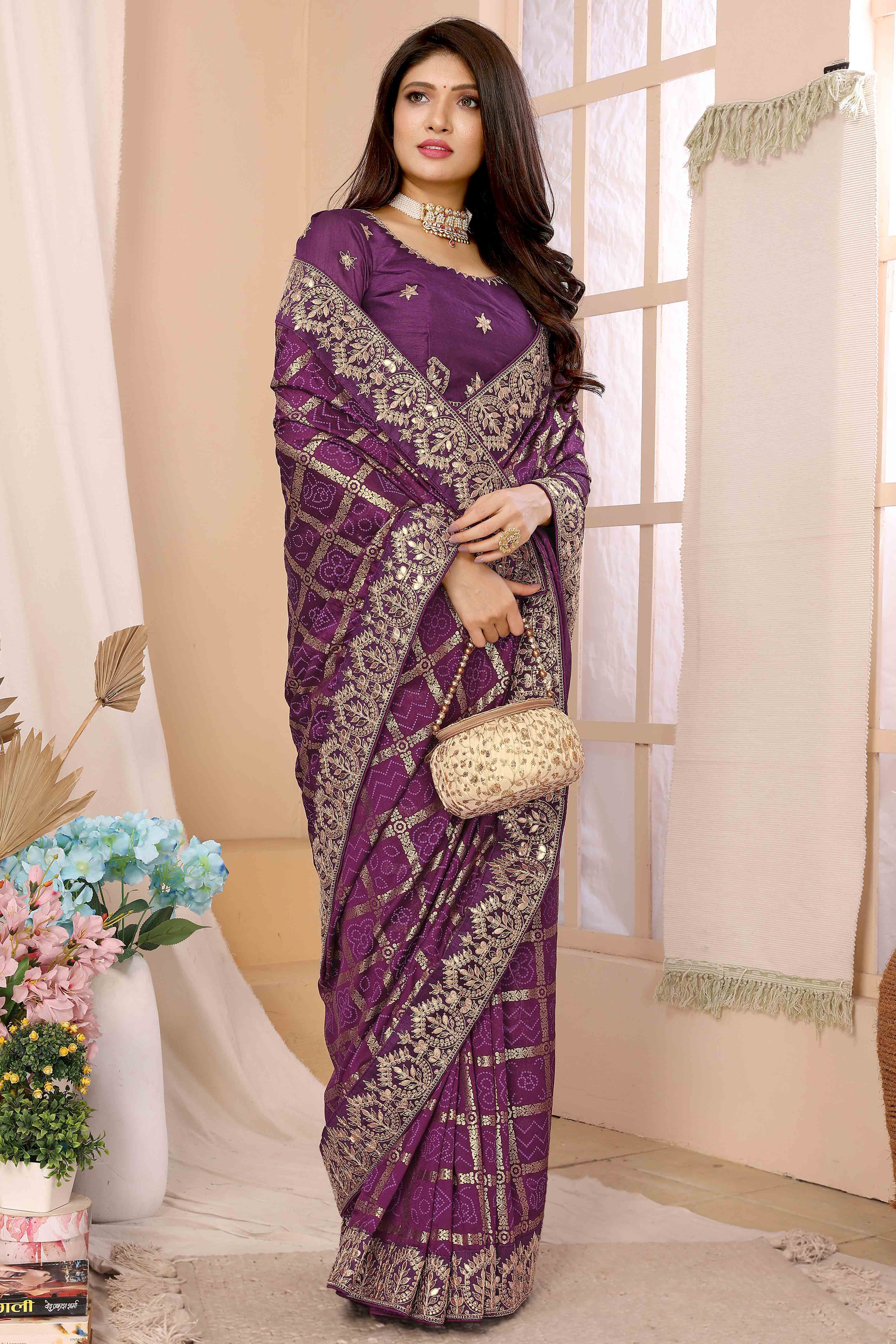 Wine Bandhani Printed Vichitra Silk Saree With Embroidered Border