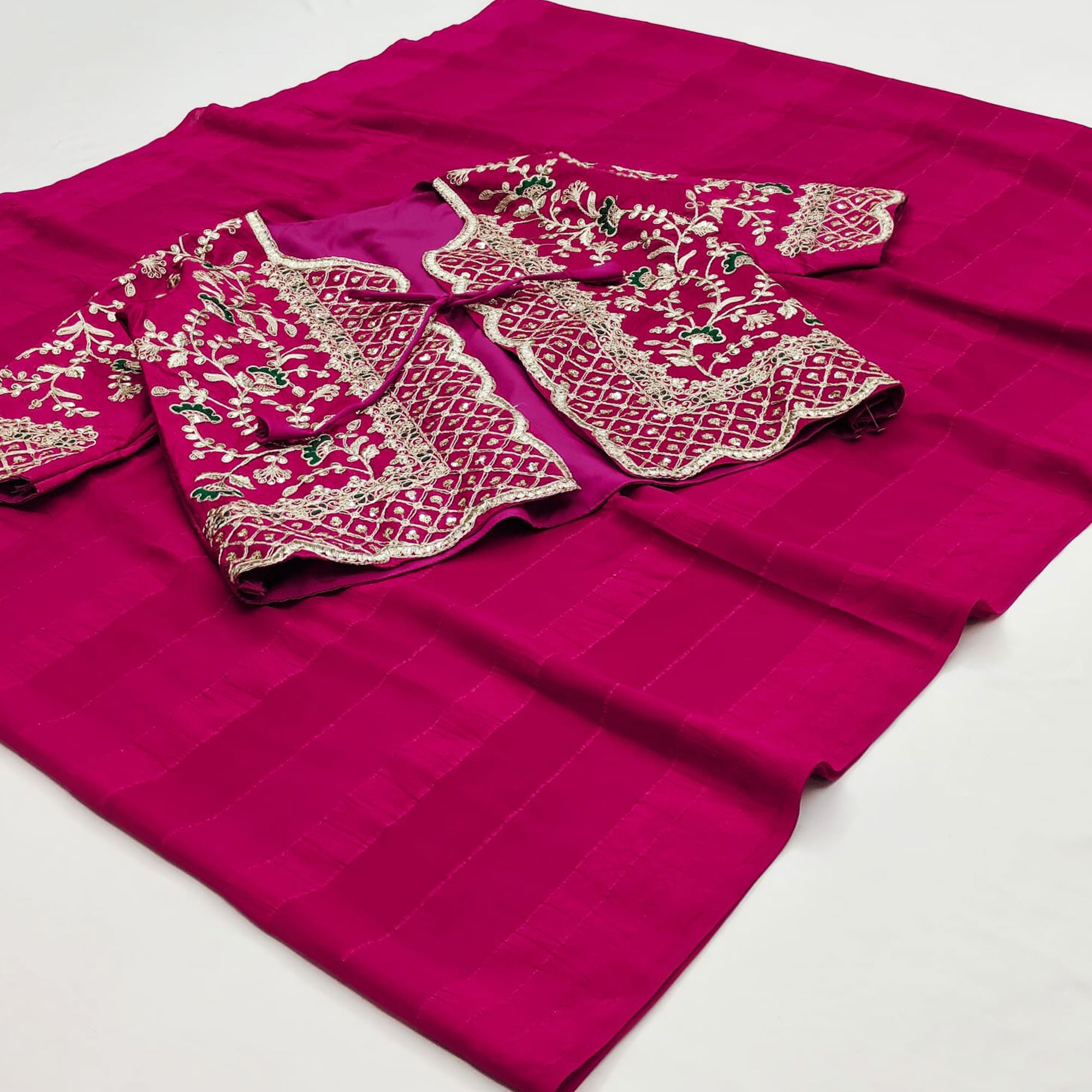 Pink Woven Georgette Saree With Embroidered Jacket