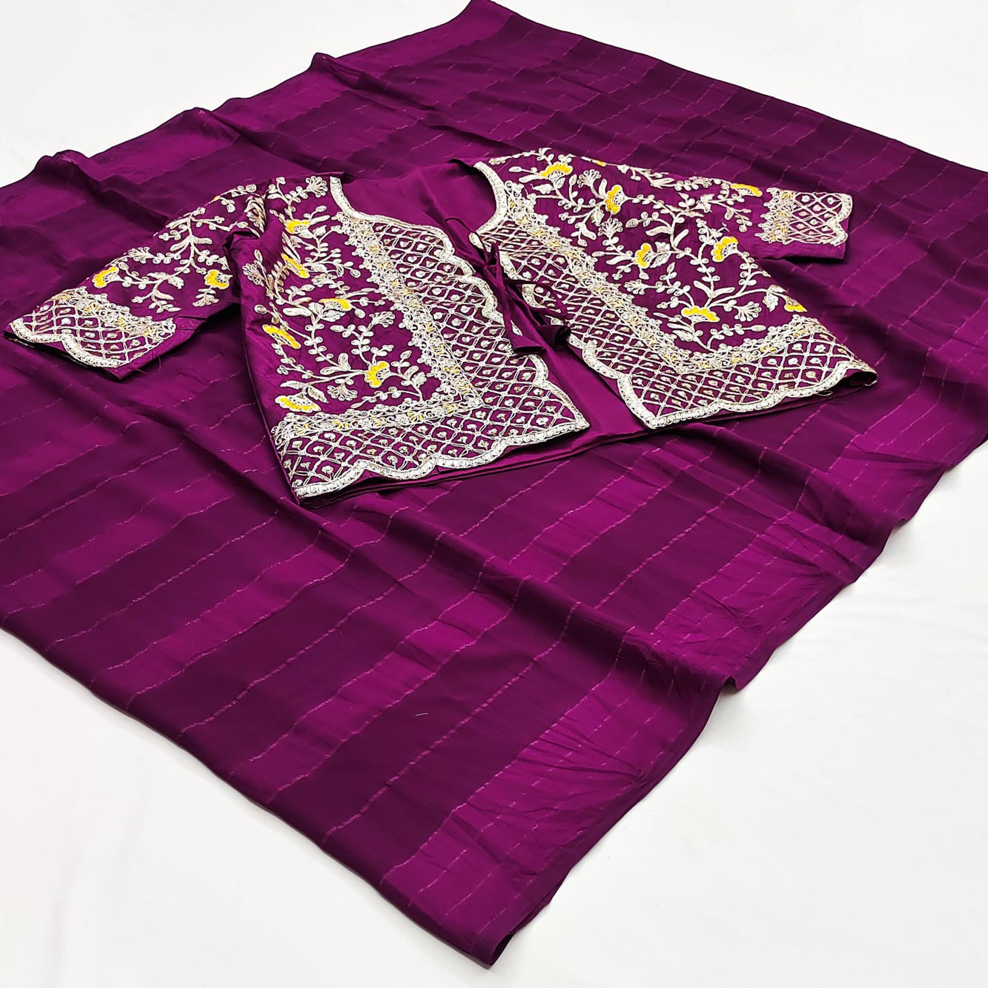 Purple Woven Georgette Saree With Embroidered Jacket