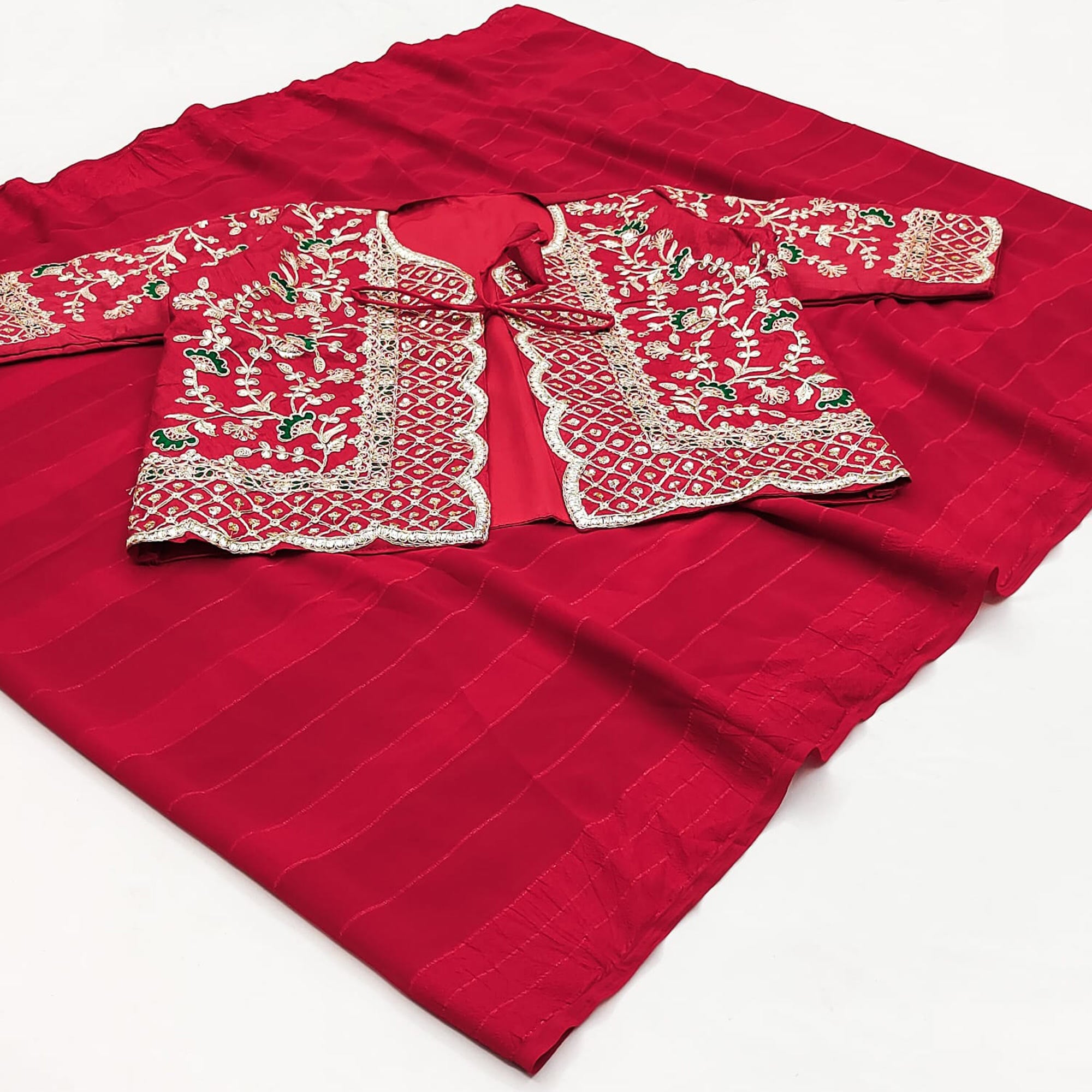 Red Woven Georgette Saree With Embroidered Jacket