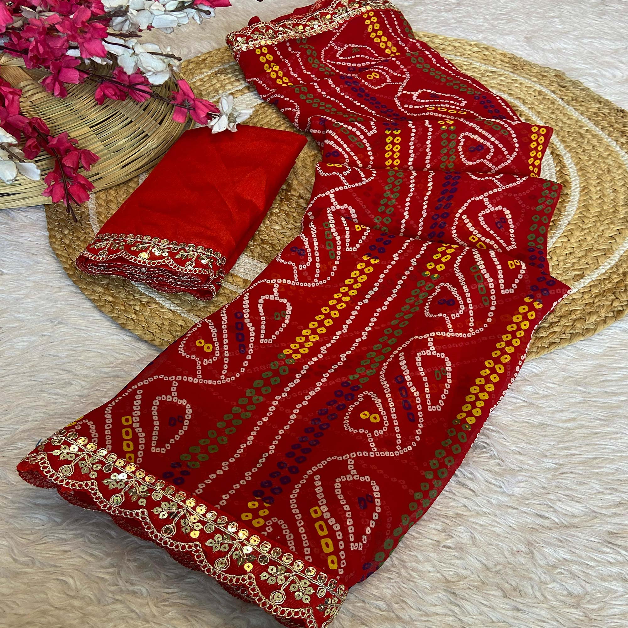 Vibrant Red Bandhani Georgette Saree With Cording & Sequins Lace Border