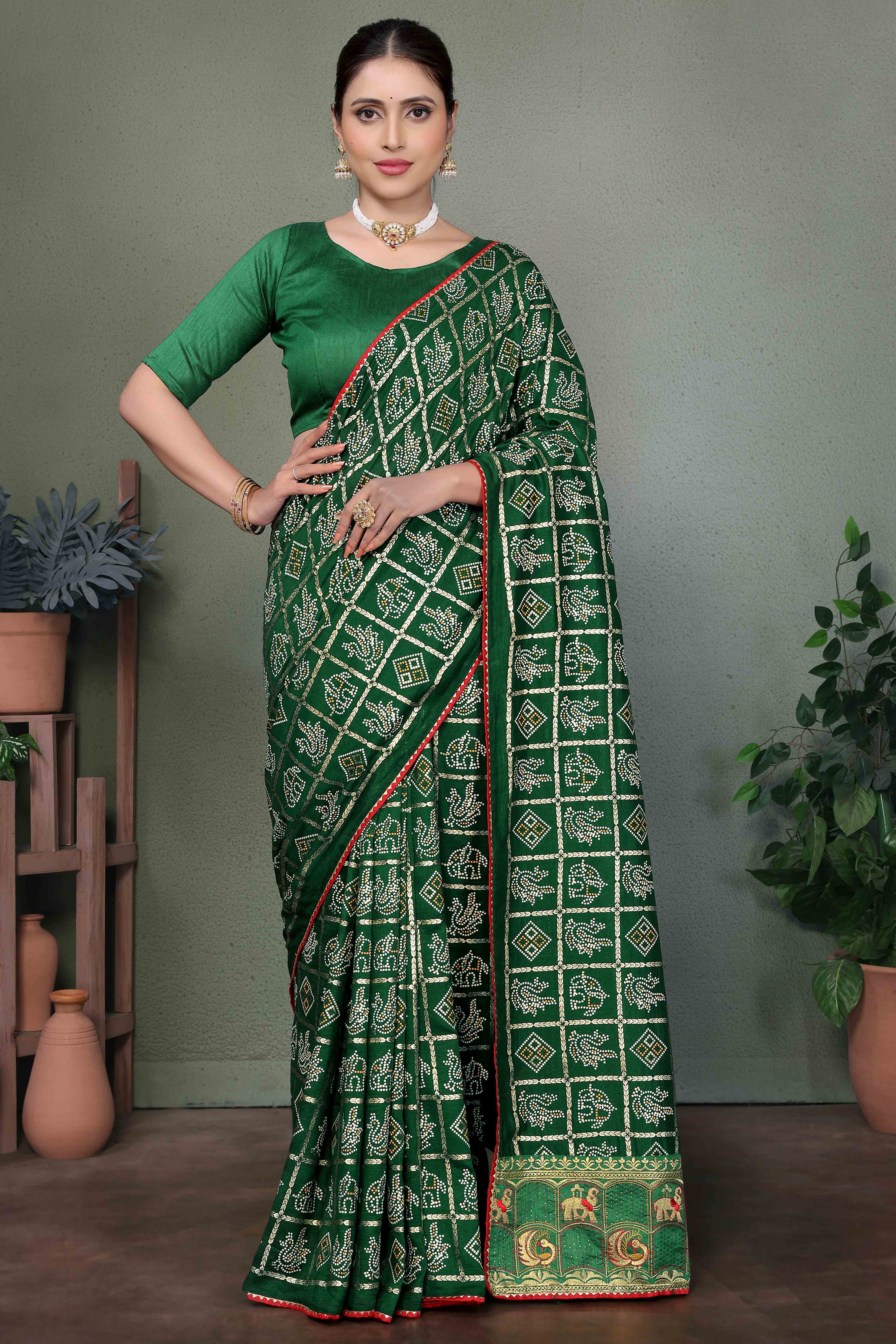 Green Vichitra Silk Saree Featuring Bandhani Patterns and Graceful Embroidered Borders