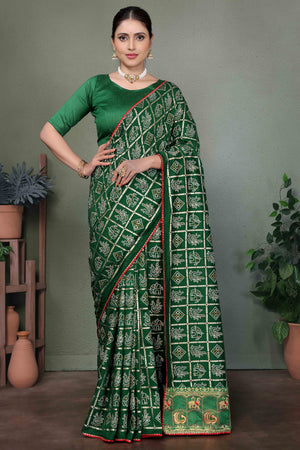 Green Vichitra Silk Saree Featuring Bandhani Patterns and Graceful Embroidered Borders