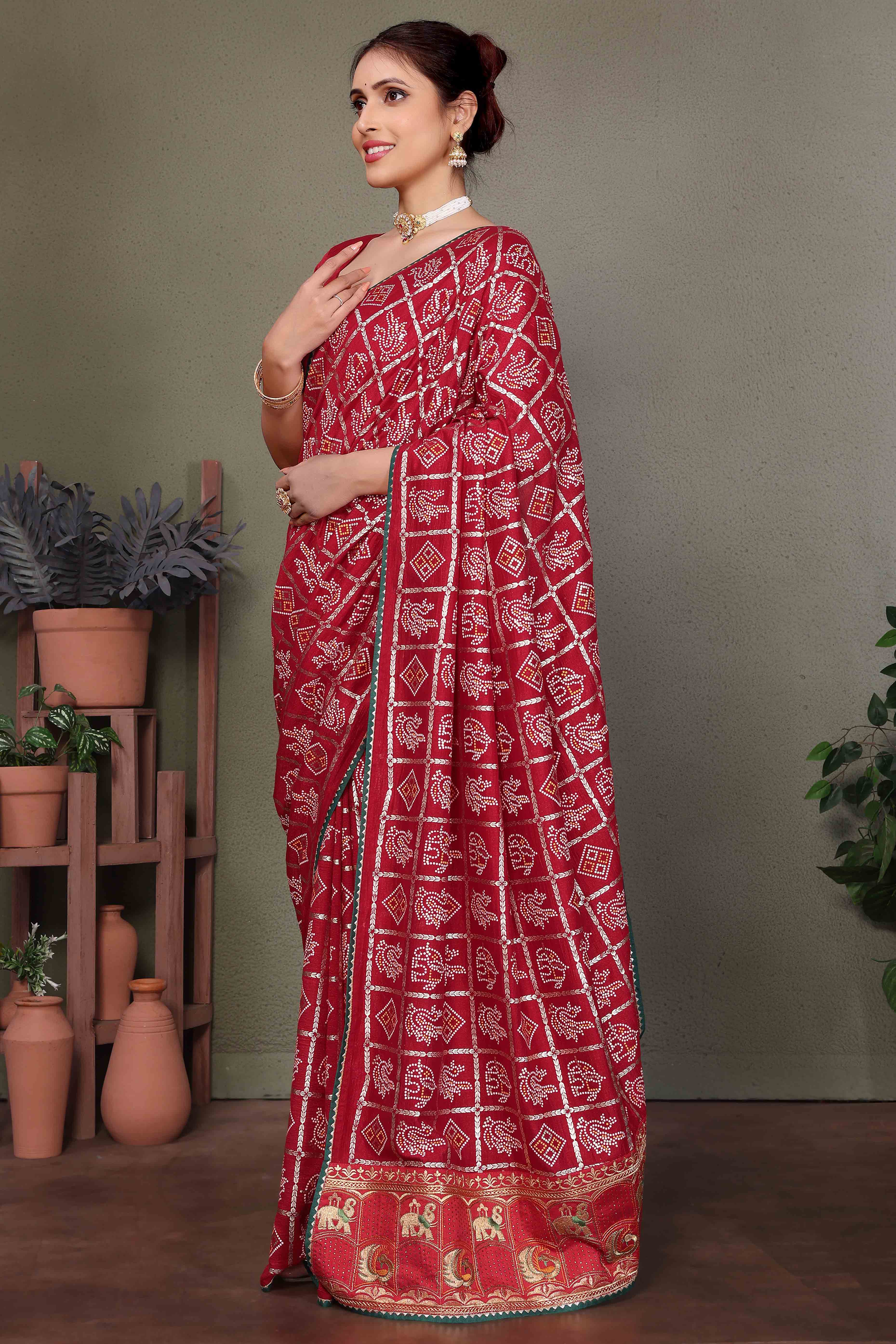Maroon Vichitra Silk Saree Featuring Bandhani Patterns and Graceful Embroidered Borders
