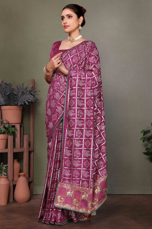 Purple Vichitra Silk Saree Featuring Bandhani Patterns and Graceful Embroidered Borders