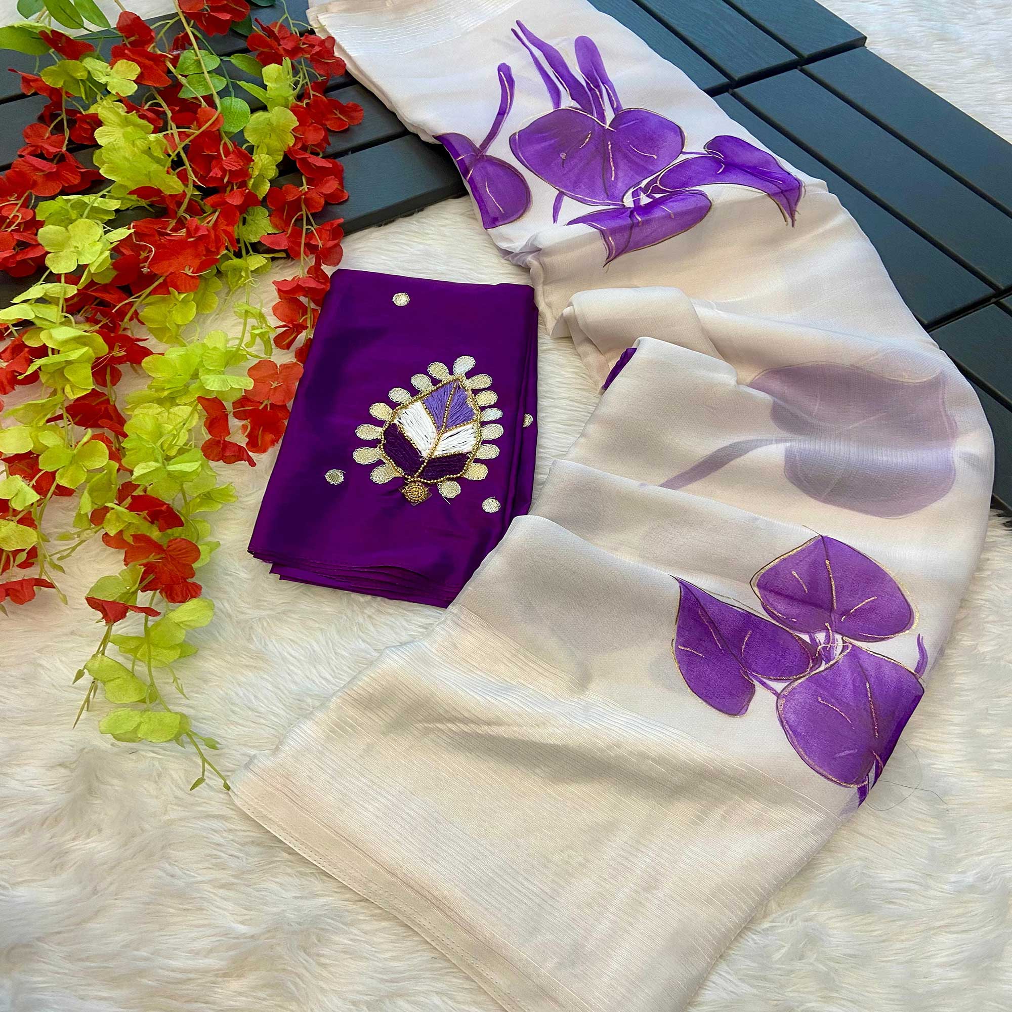 White & Purple Foil Printed Organza Saree