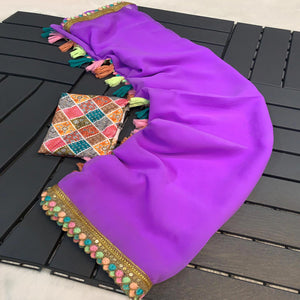 Purple Solid Georgette Saree With Sequins Embroidered Border