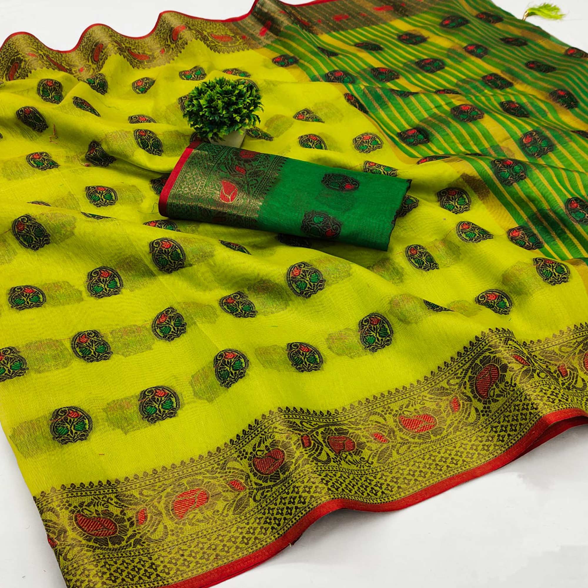 Green Zari Work Woven Cotton Silk Saree