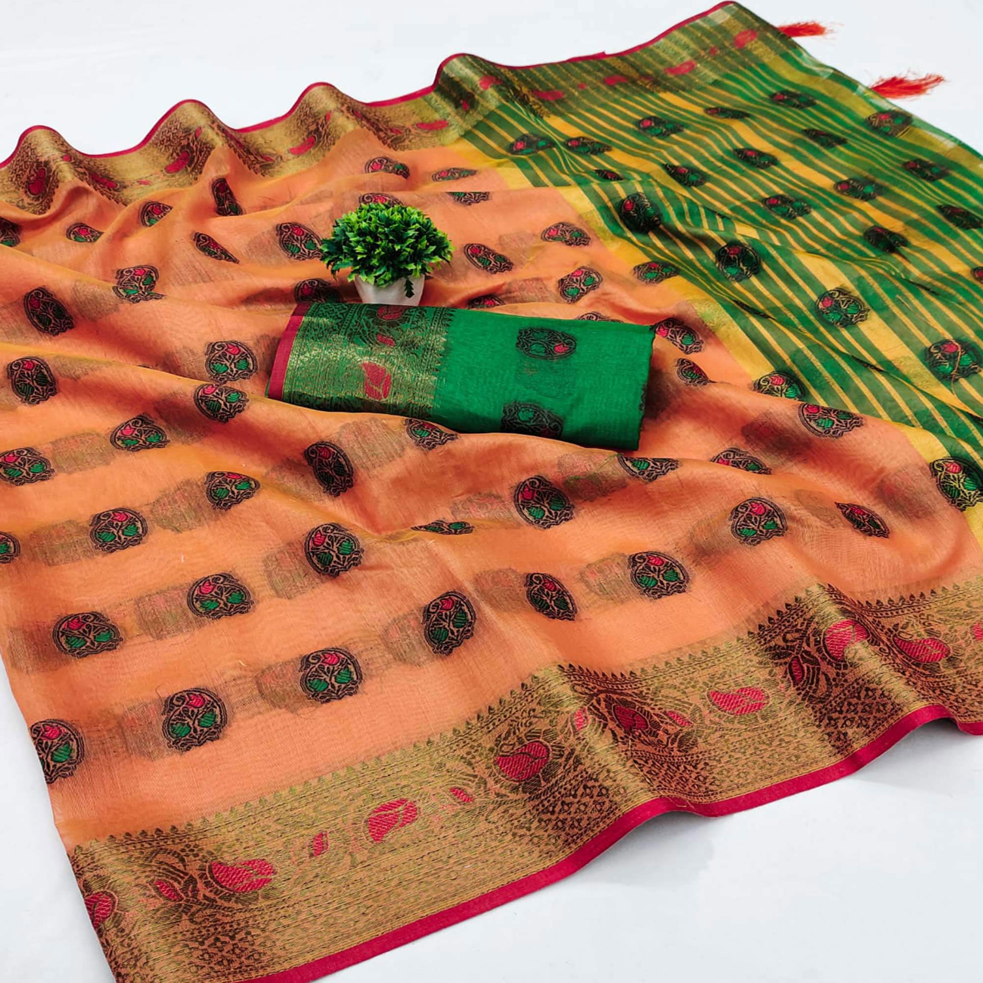 Orange Zari Work Woven Cotton Silk Saree