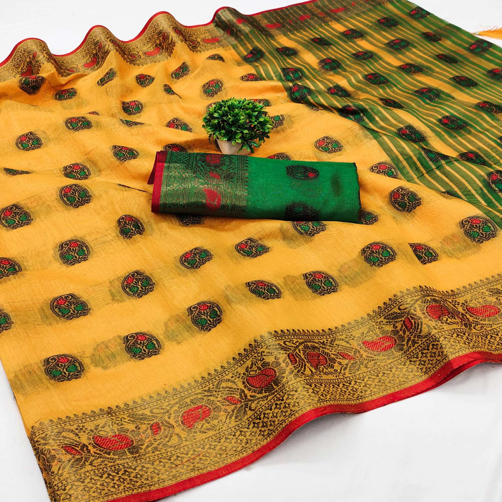 Yellow Zari Work Woven Cotton Silk Saree