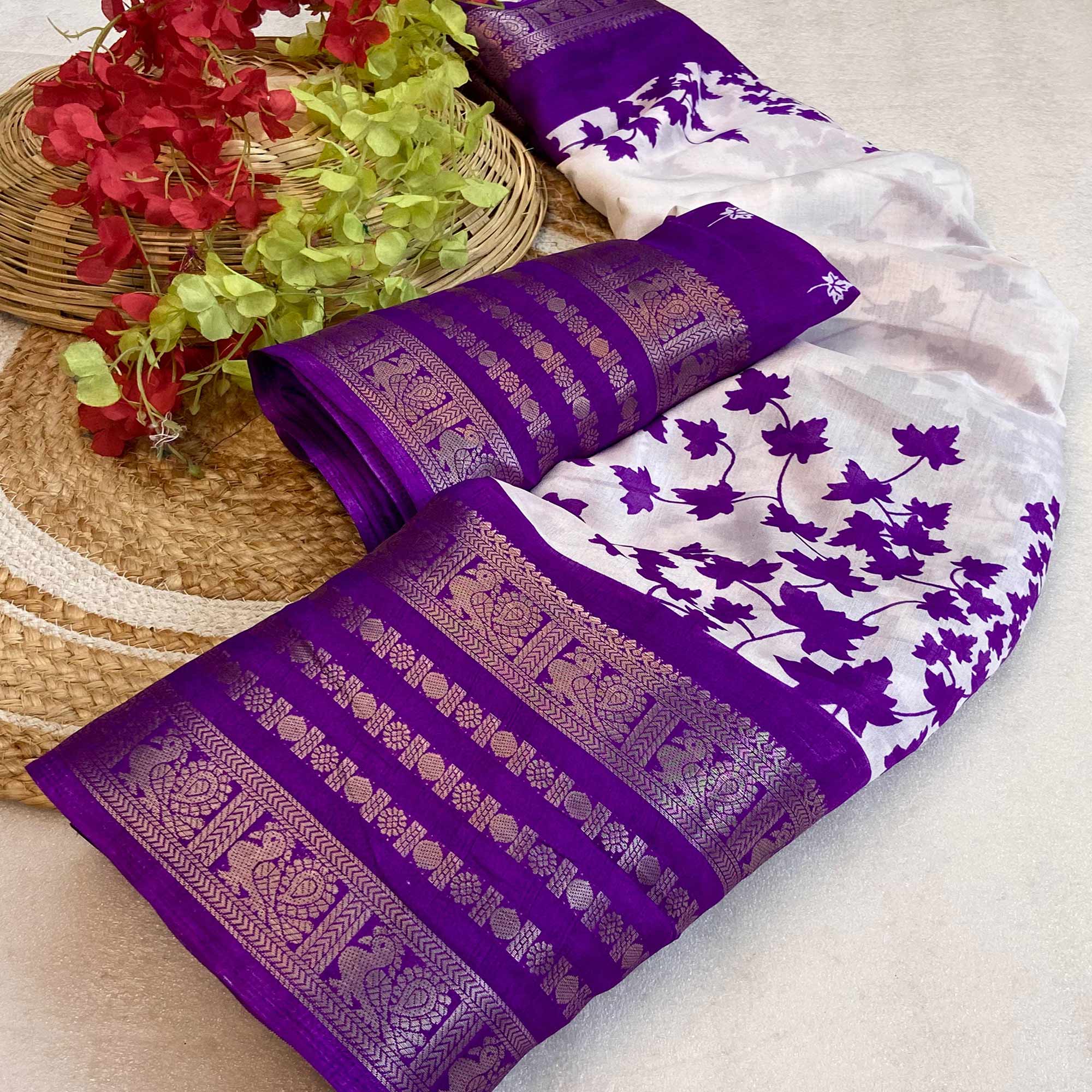 Purple & Offwhite Floral Printed Dola Silk Saree With Zari Border