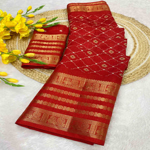 Red Dola Silk Saree with Blossoming Grid Pattern and Zari Trim