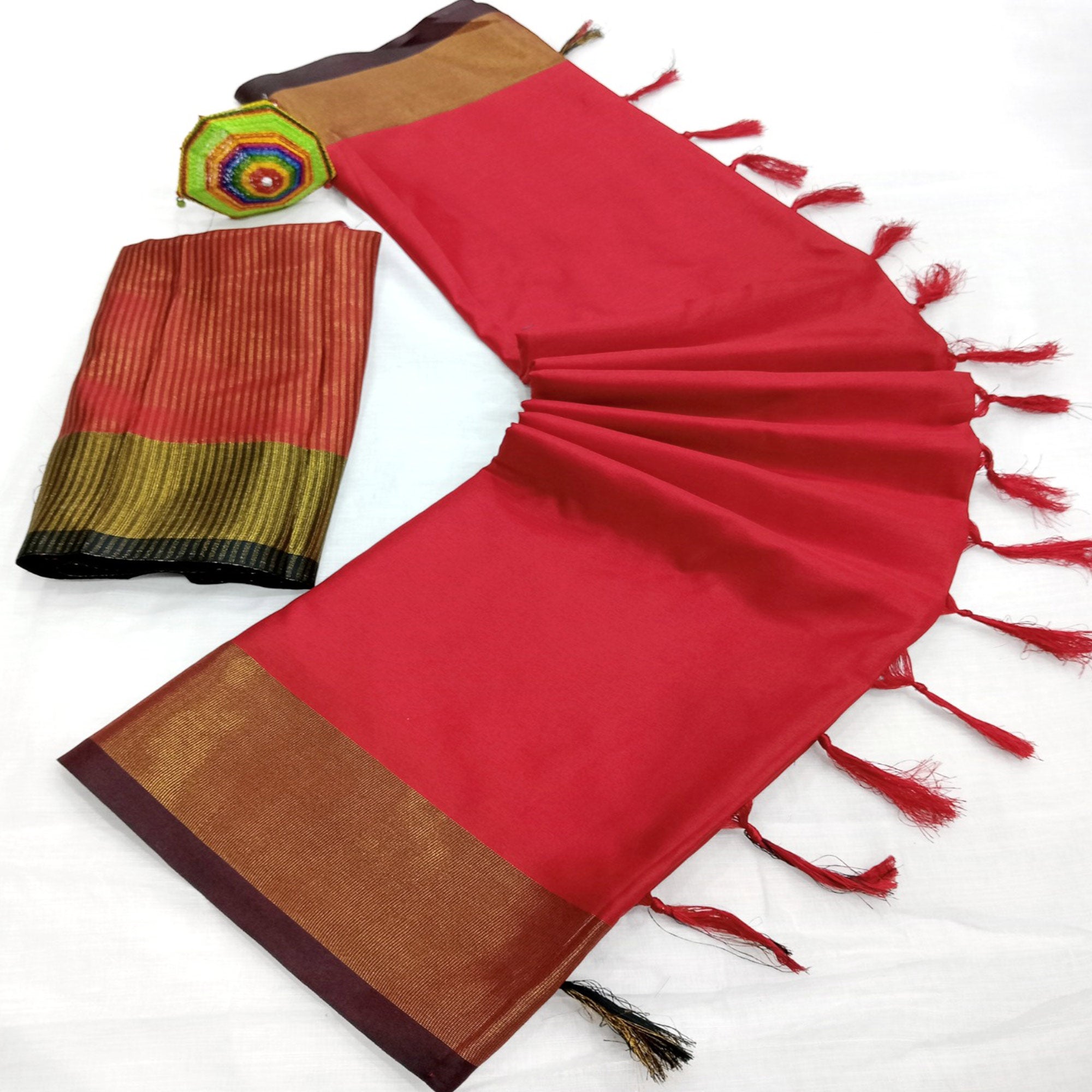 Red Woven Art Silk Saree With Tassels