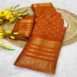 Rich Orange Dola Silk Saree with Blossoming Grid Pattern and Zari Trim