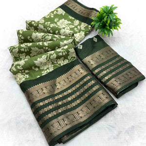 Luxurious Green Floral Print Dola Silk Saree With Intricate Peacock Motif Zari Woven Border