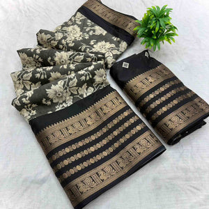 Luxurious Grey Floral Print Dola Silk Saree With Intricate Peacock Motif Zari Woven Border