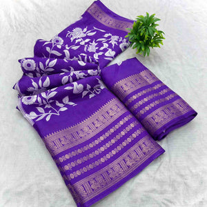 Luxurious Royal Purple Floral Print Dola Silk Saree With Intricate Peacock Motif Zari Woven Border