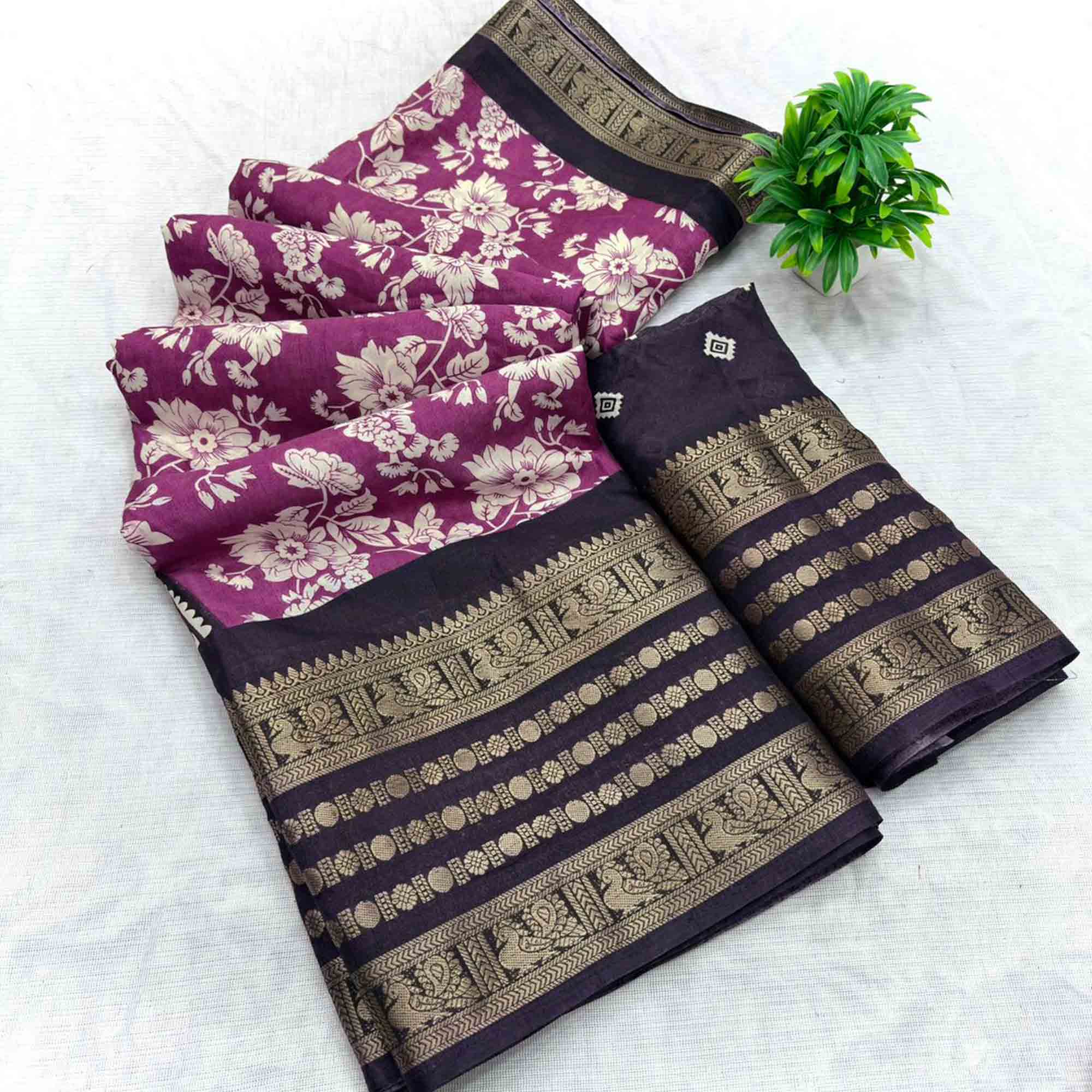 Luxurious Wine Floral Print Dola Silk Saree With Intricate Peacock Motif Zari Woven Border