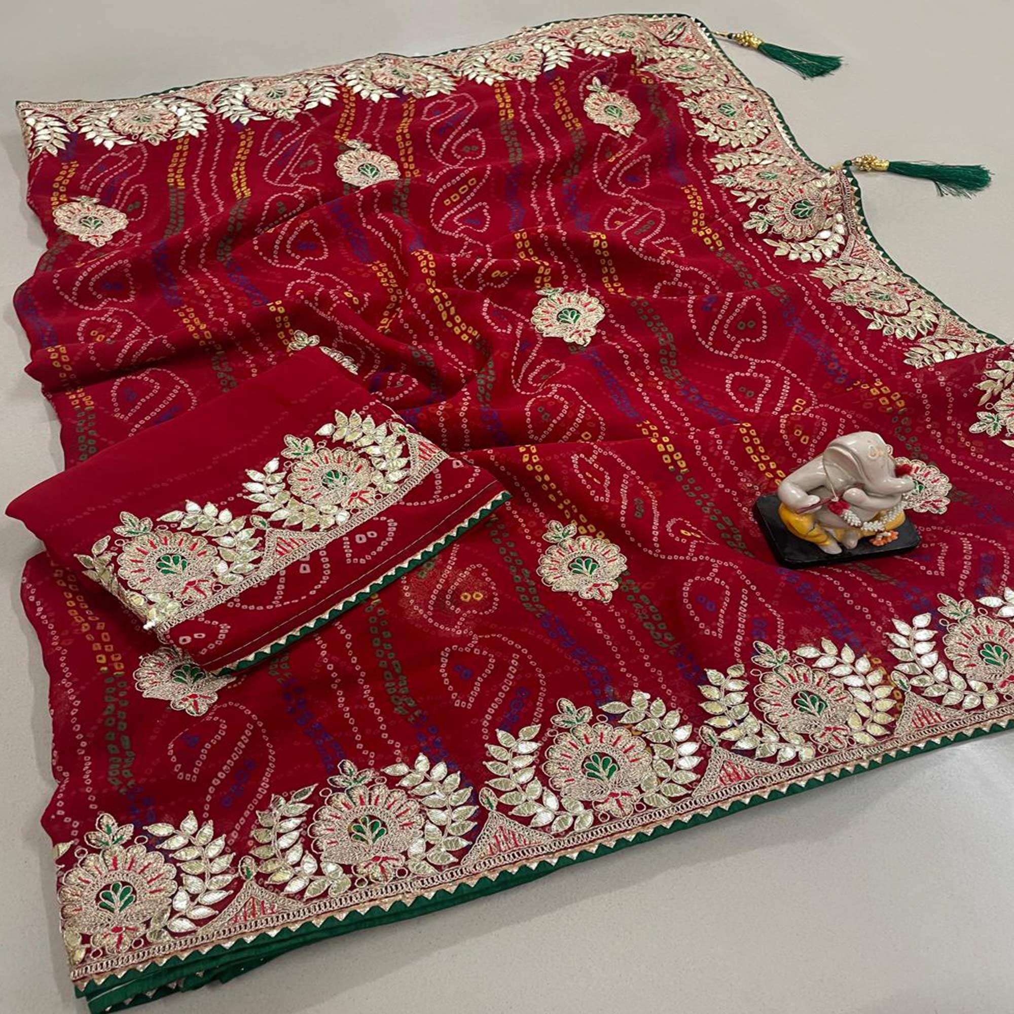 Red Bandhani Printed Georgette Saree