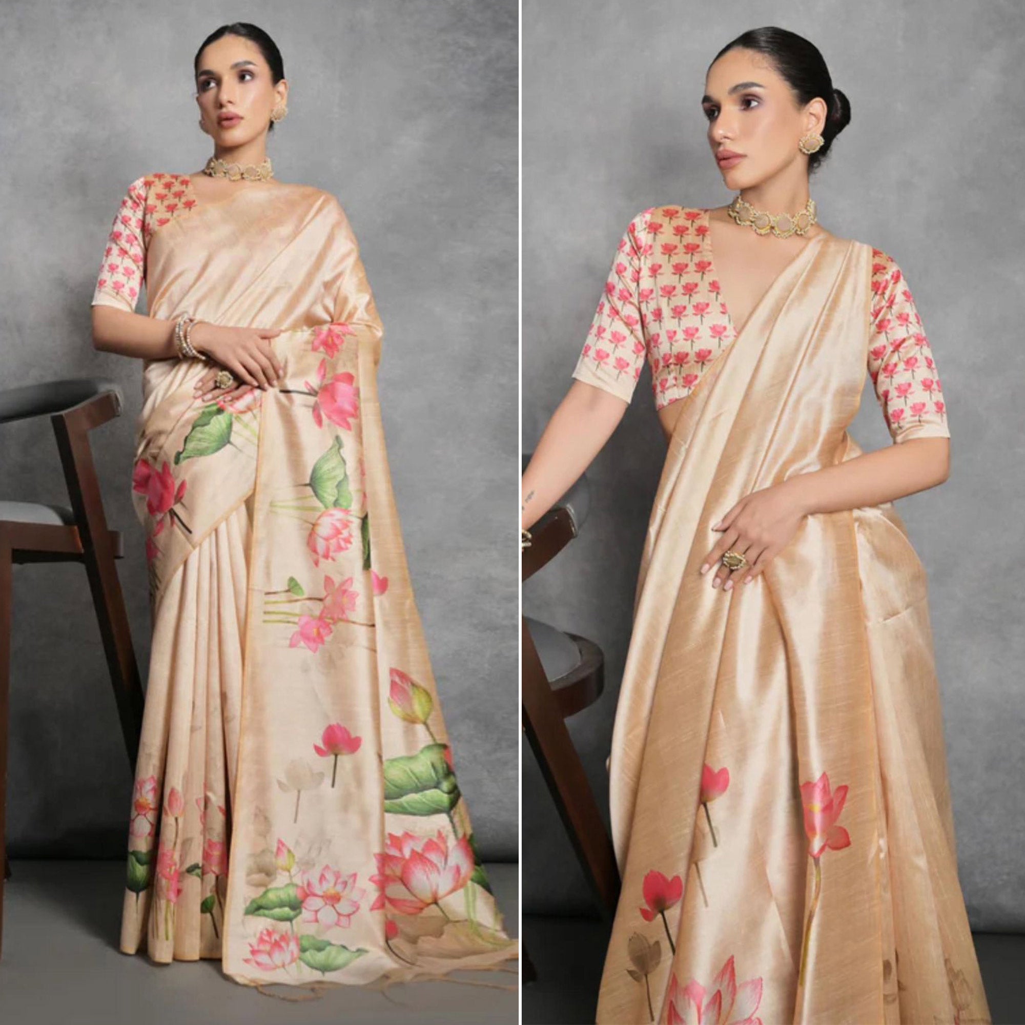 Beige Digital Printed Tussar Silk Saree