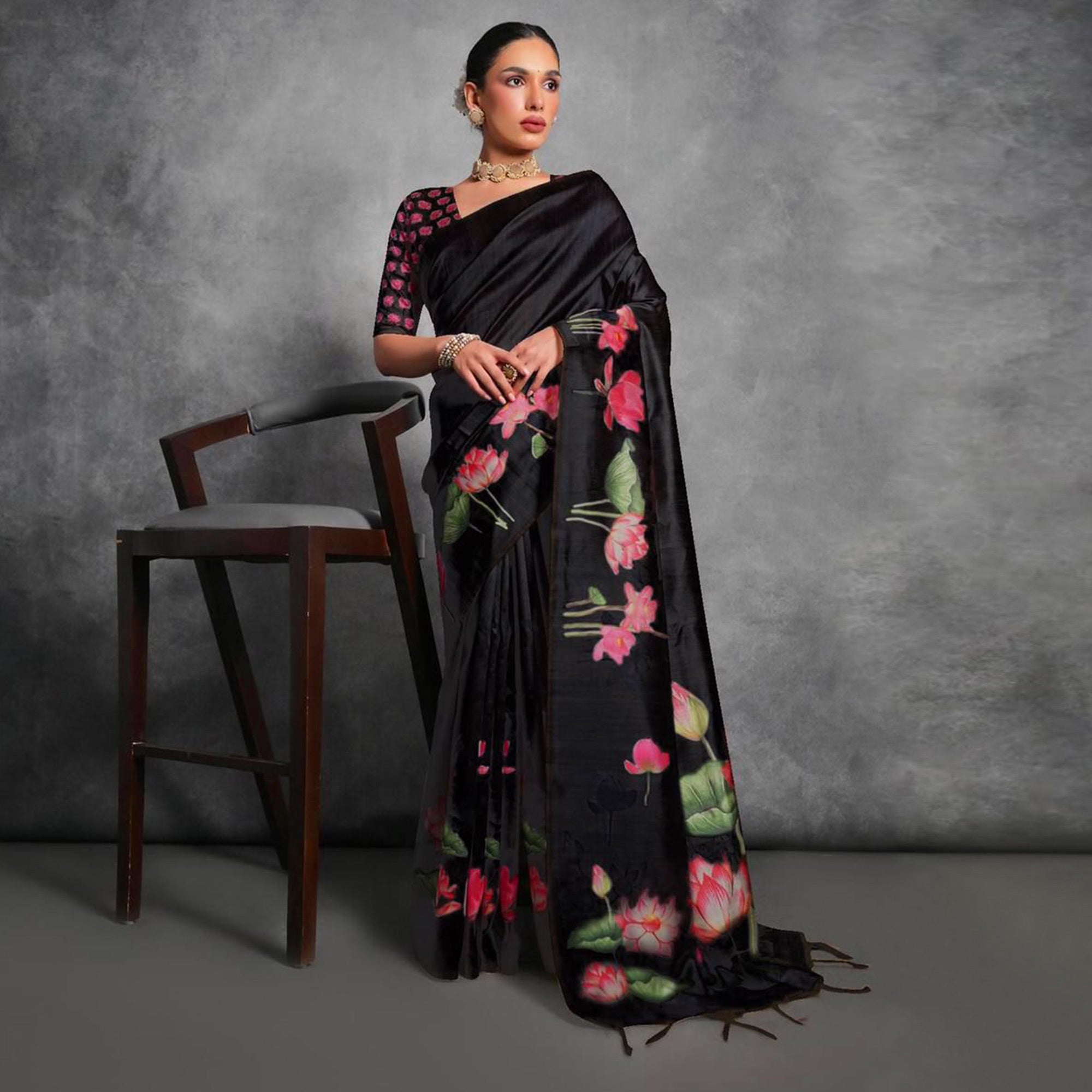 Black Digital Printed Tussar Silk Saree