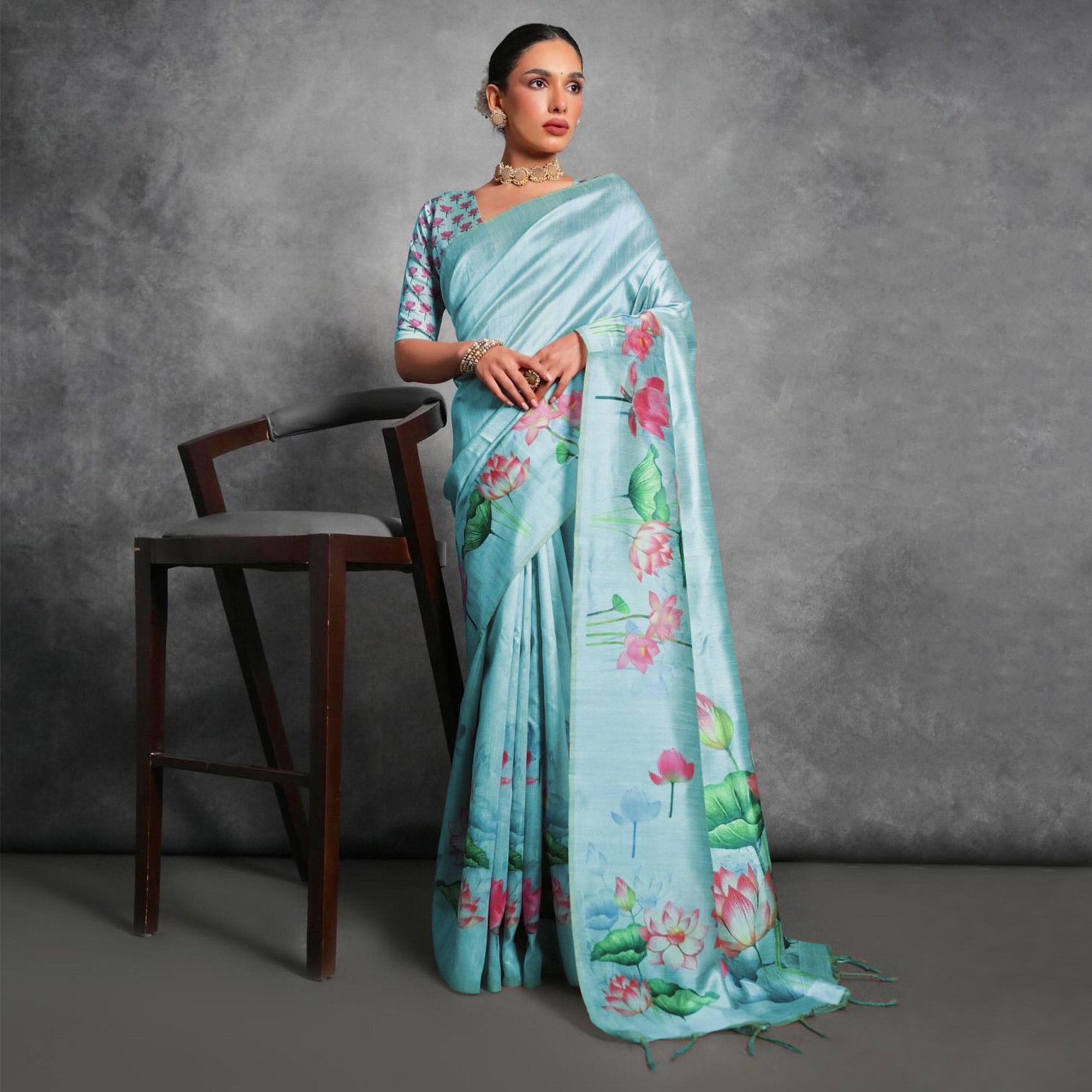 Blue Digital Printed Tussar Silk Saree