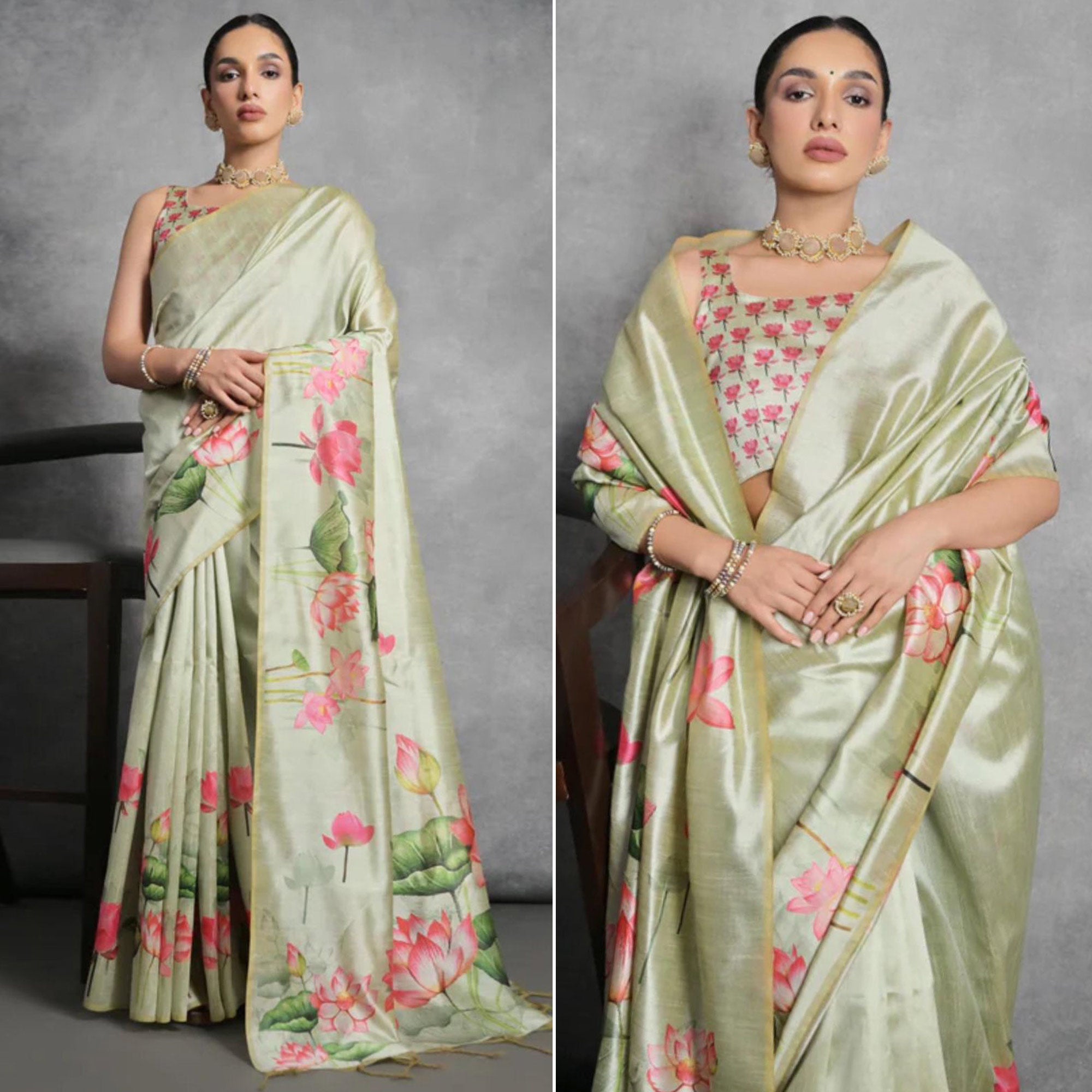 Green Digital Printed Tussar Silk Saree