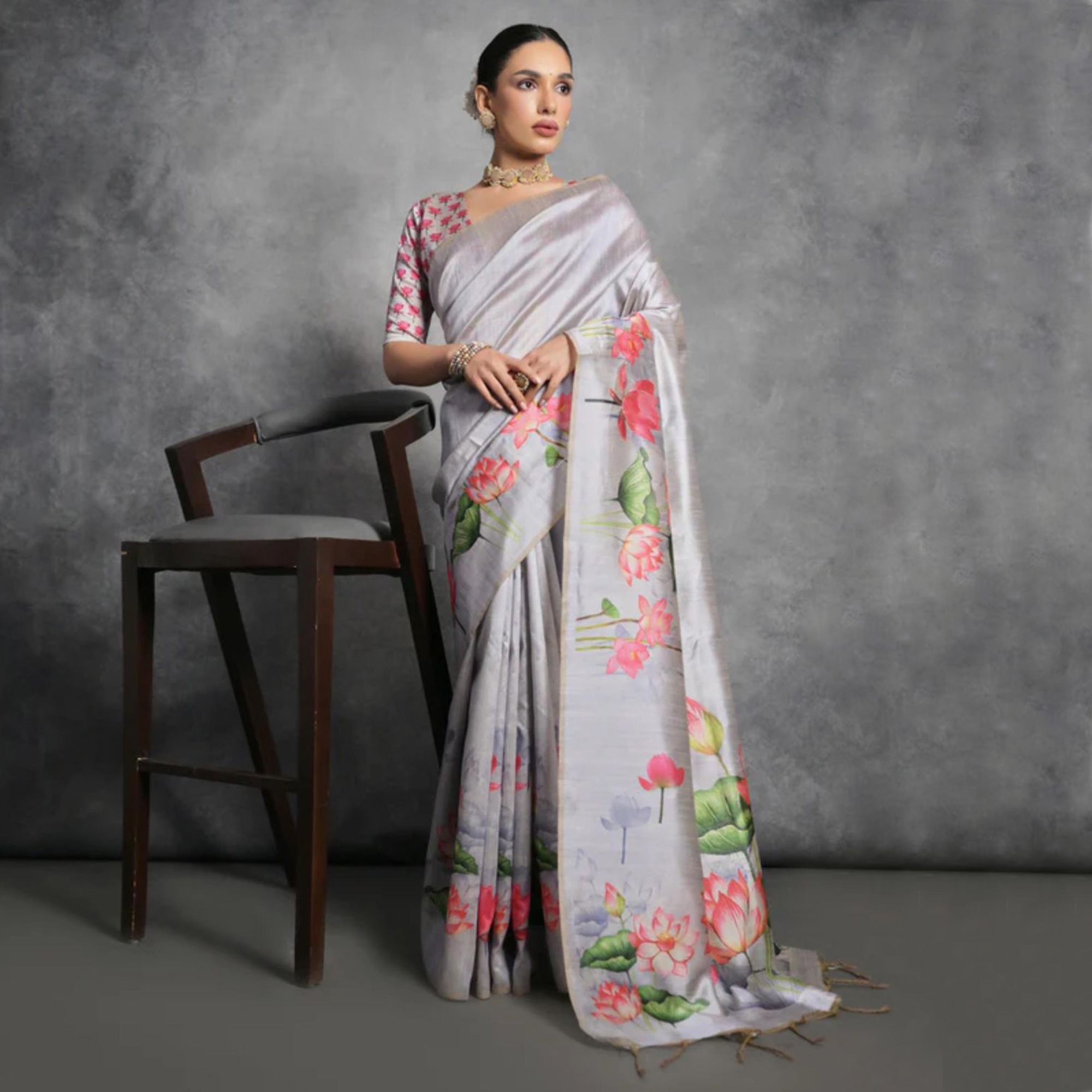 Grey Digital Printed Tussar Silk Saree