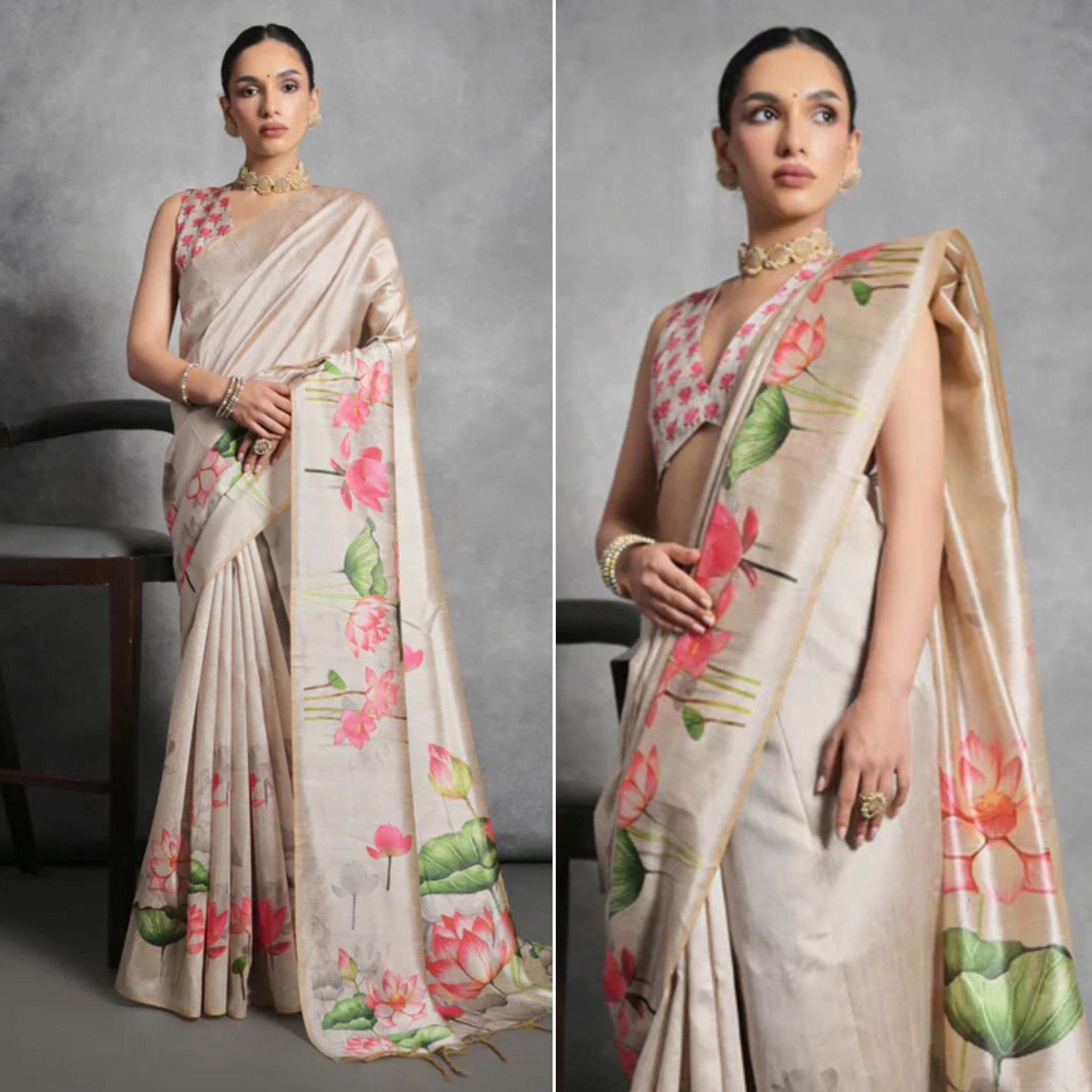 Light Brown Digital Printed Tussar Silk Saree