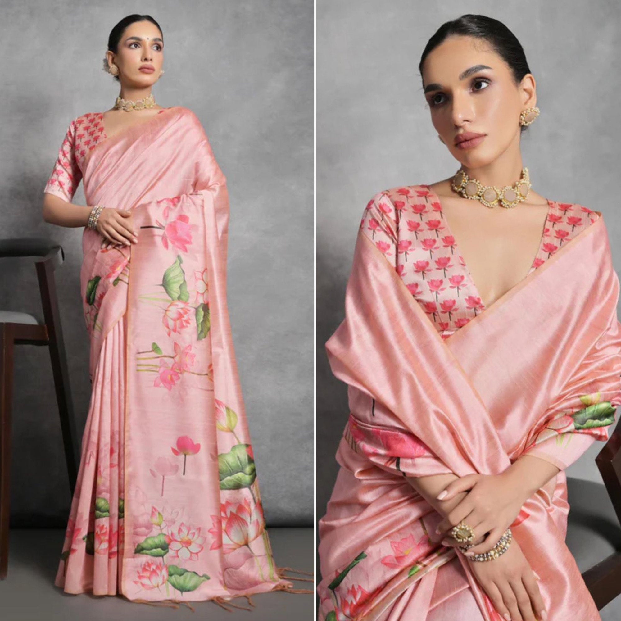 Peach Digital Printed Tussar Silk Saree