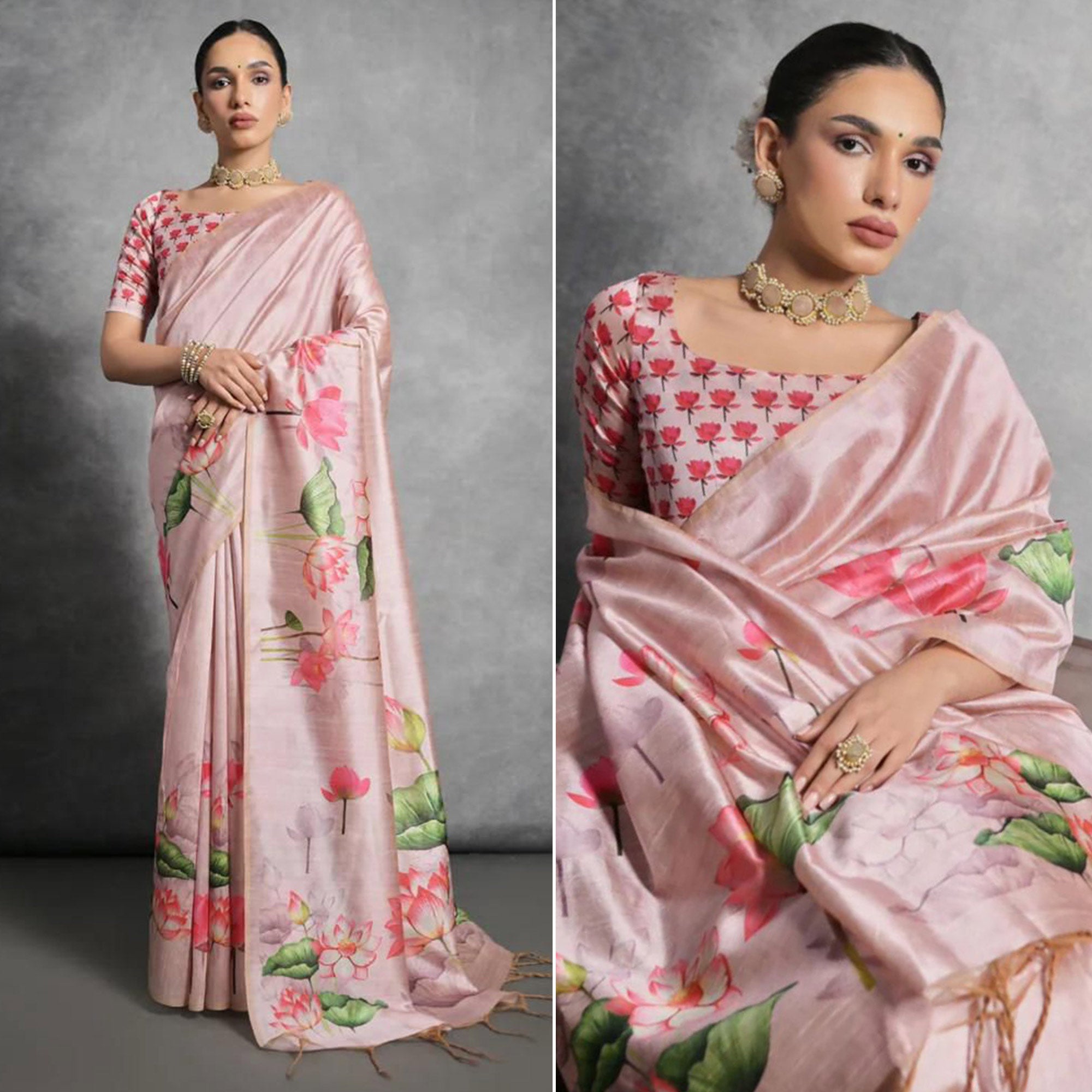 Pink Digital Printed Tussar Silk Saree