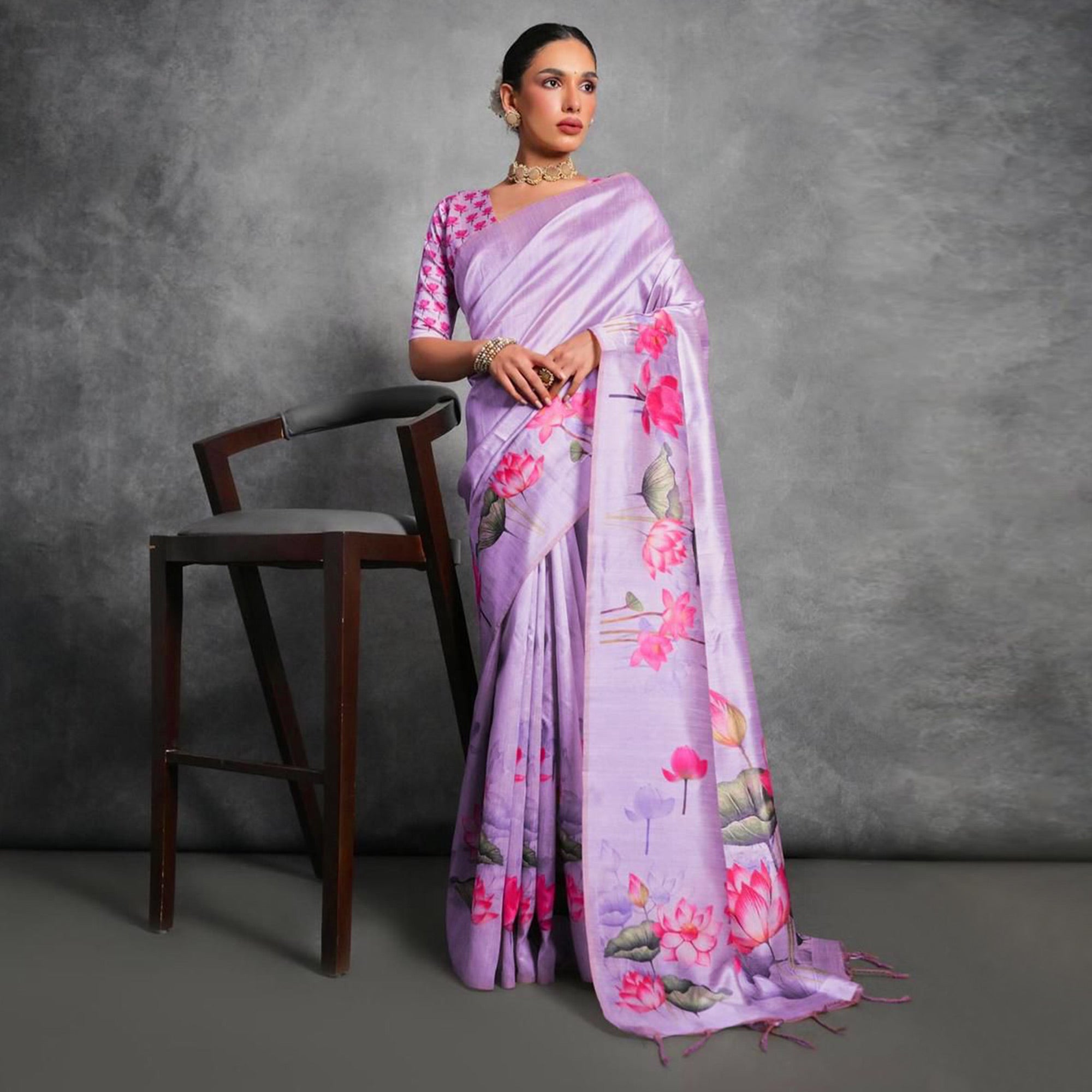 Purple Digital Printed Tussar Silk Saree