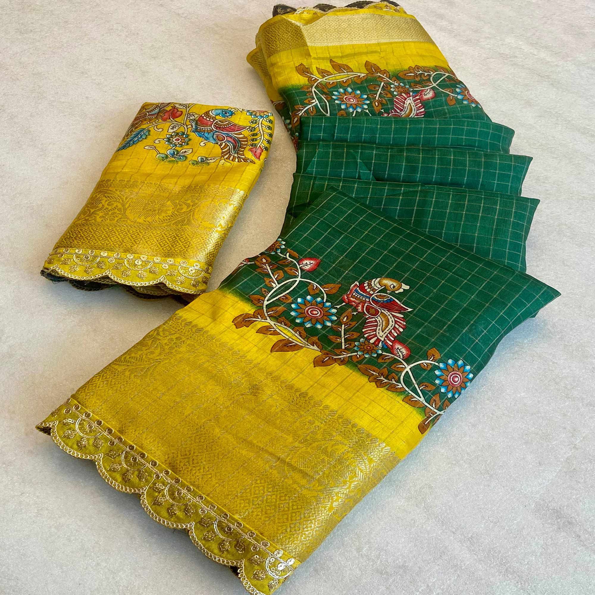 Green Floral Printed Dola Silk Saree With Sequins Border