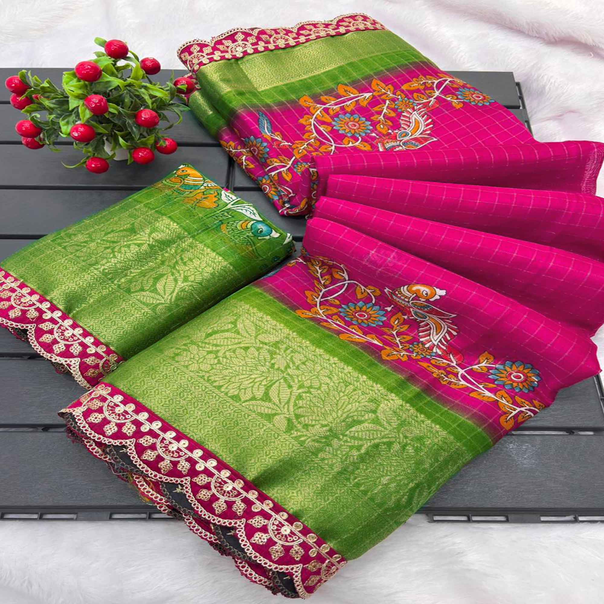 Pink Dola Silk Saree Featuring Soft Printed Detailing and a Rich Sequins Border Highlight