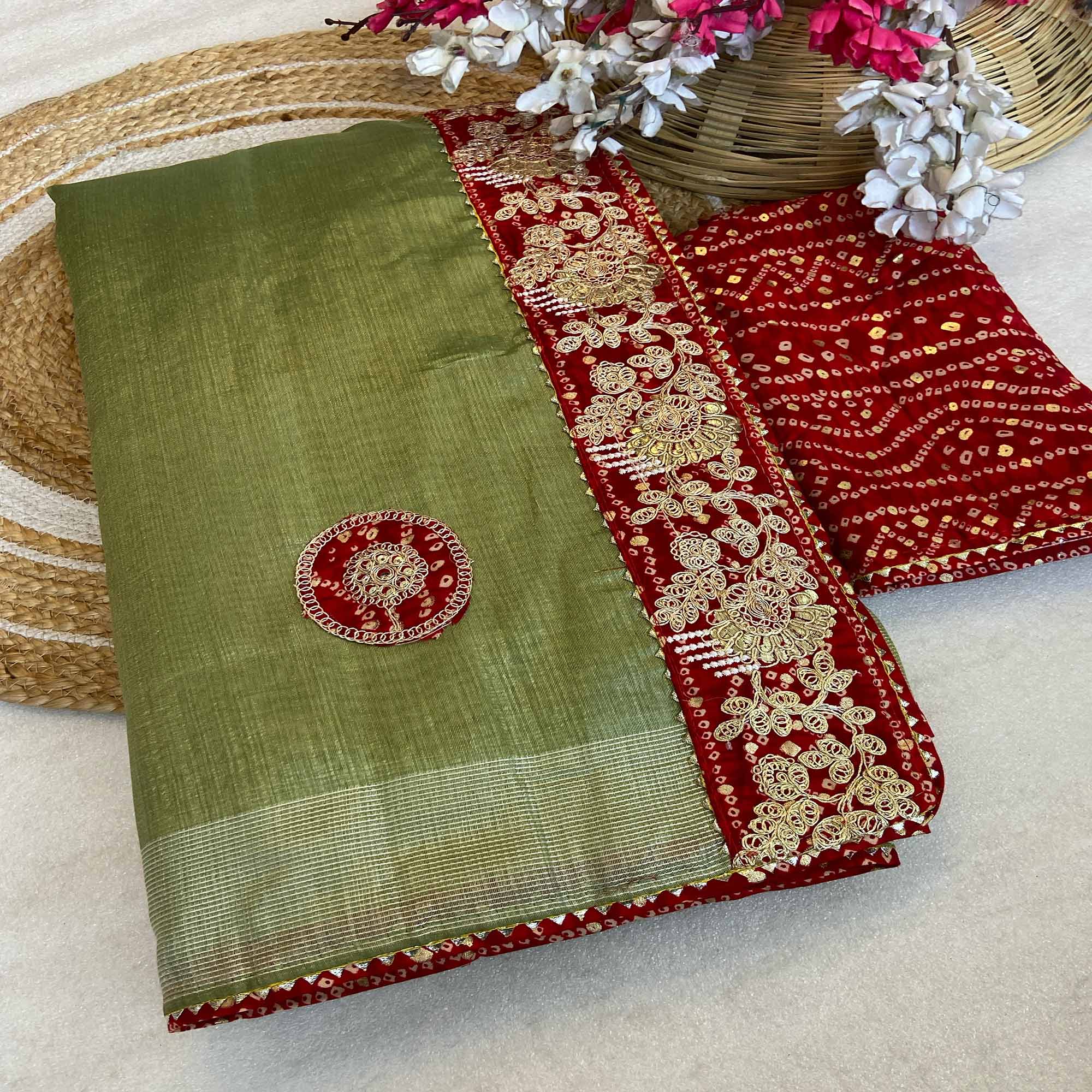 Green Cording Sequins Embroidery With Bandhani Print Art Silk Saree