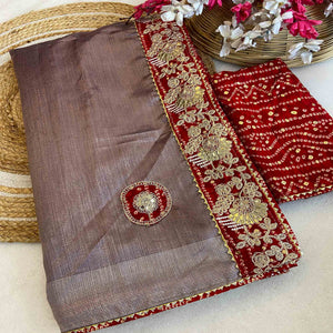 Lavender Cording Sequins Embroidery With Bandhani Print Art Silk Saree