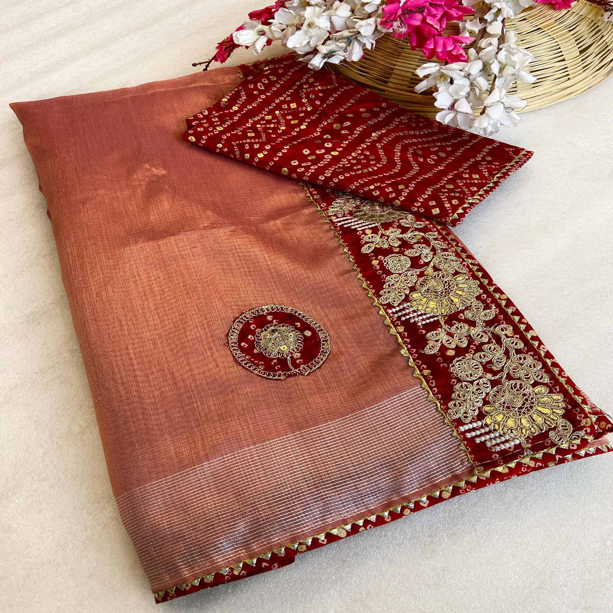 Peach Cording Sequins Embroidery With Bandhani Print Art Silk Saree