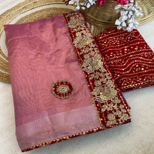 Pink Cording Sequins Embroidery With Bandhani Print Art Silk Saree
