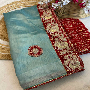 Turquoise Blue Cording Sequins Embroidery With Bandhani Print Art Silk Saree