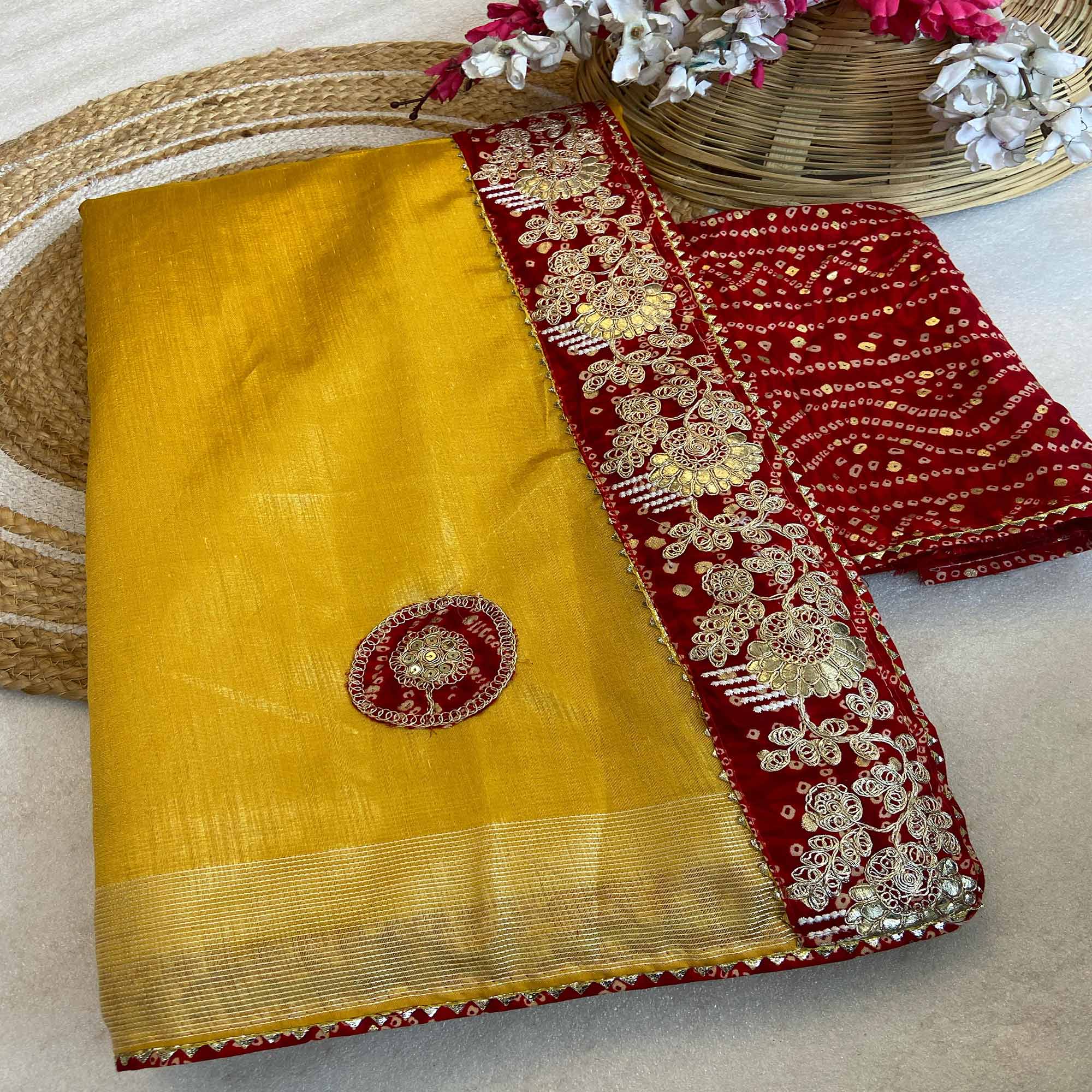 Yellow Cording Sequins Embroidery With Bandhani Print Art Silk Saree