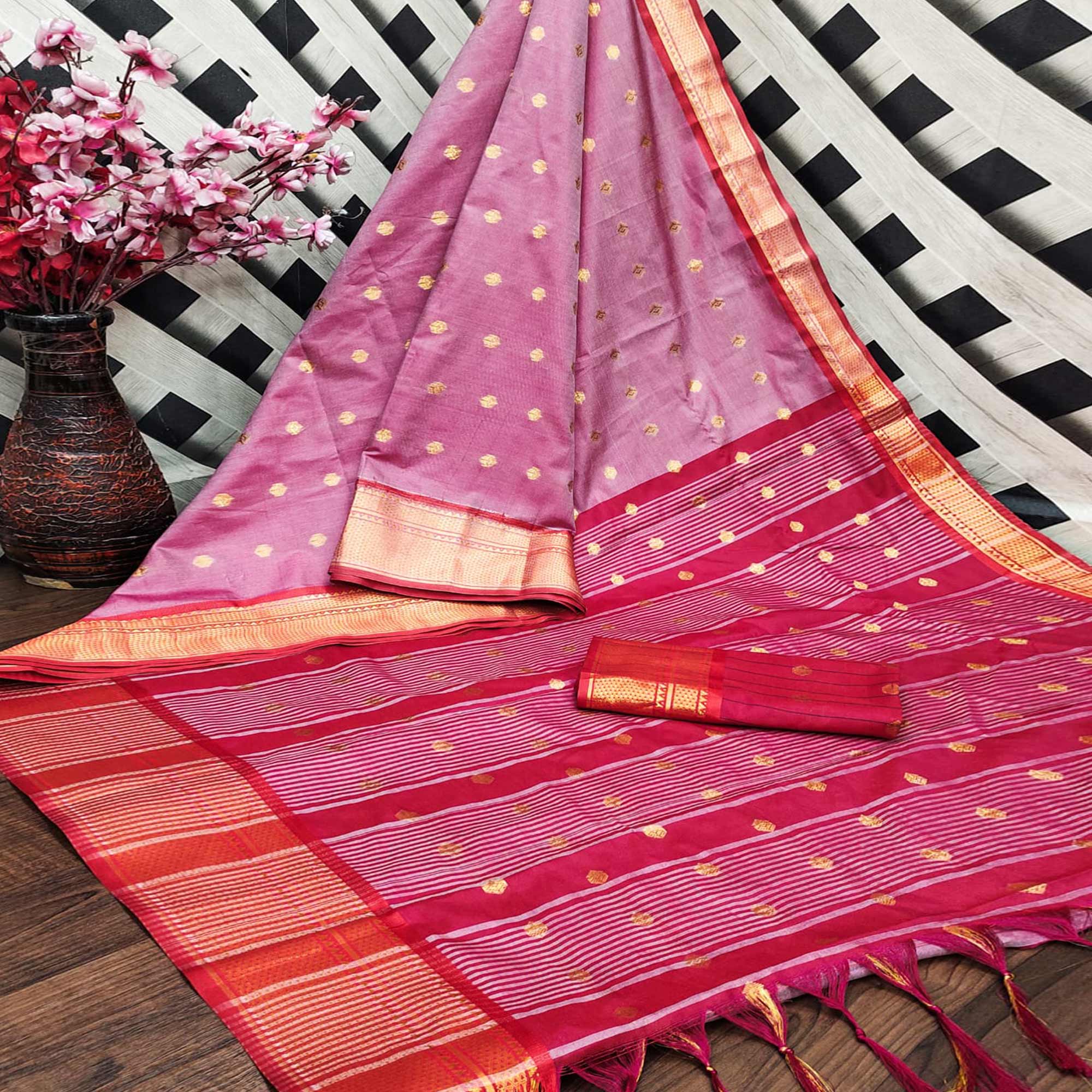 Pink Zari Woven Lichi Art Silk Saree With Tassels