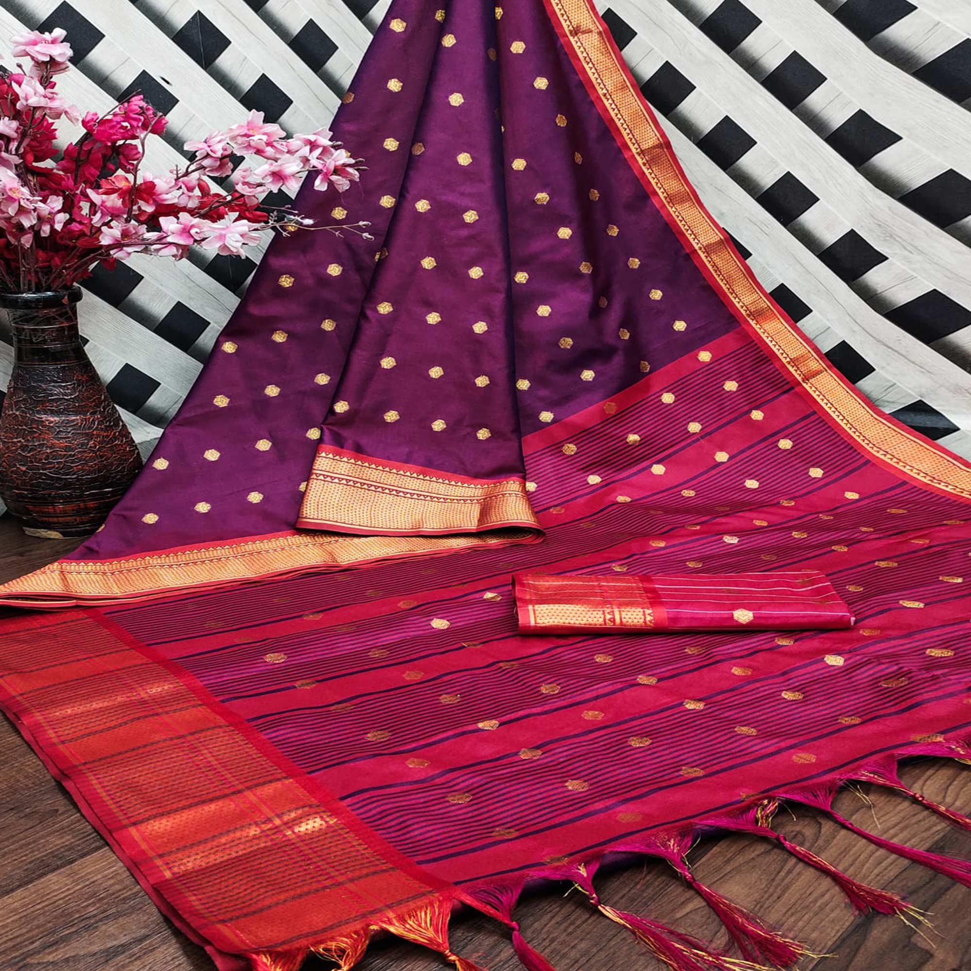 Purple Zari Woven Lichi Art Silk Saree With Tassels