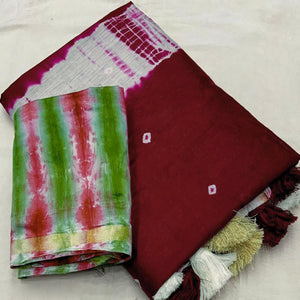 Maroon Linen Cotton Saree Adorned with Vibrant Bandhani Prints and Breezy Texture